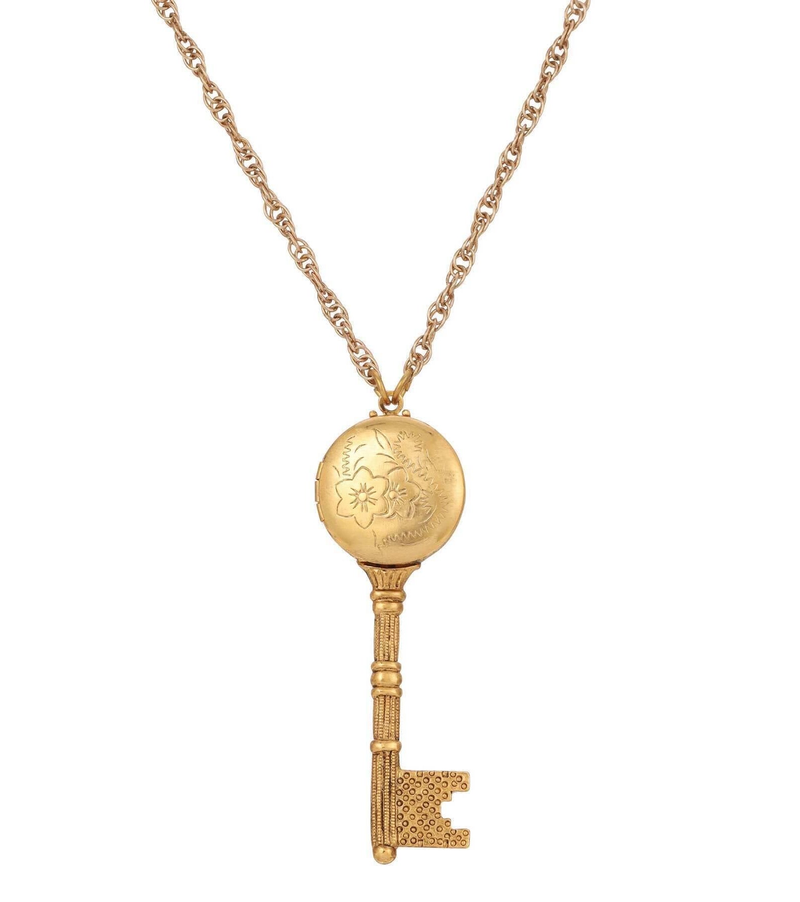 1928 Jewelry Skeleton Key Flower Pendant Photo Locket Necklace 28"