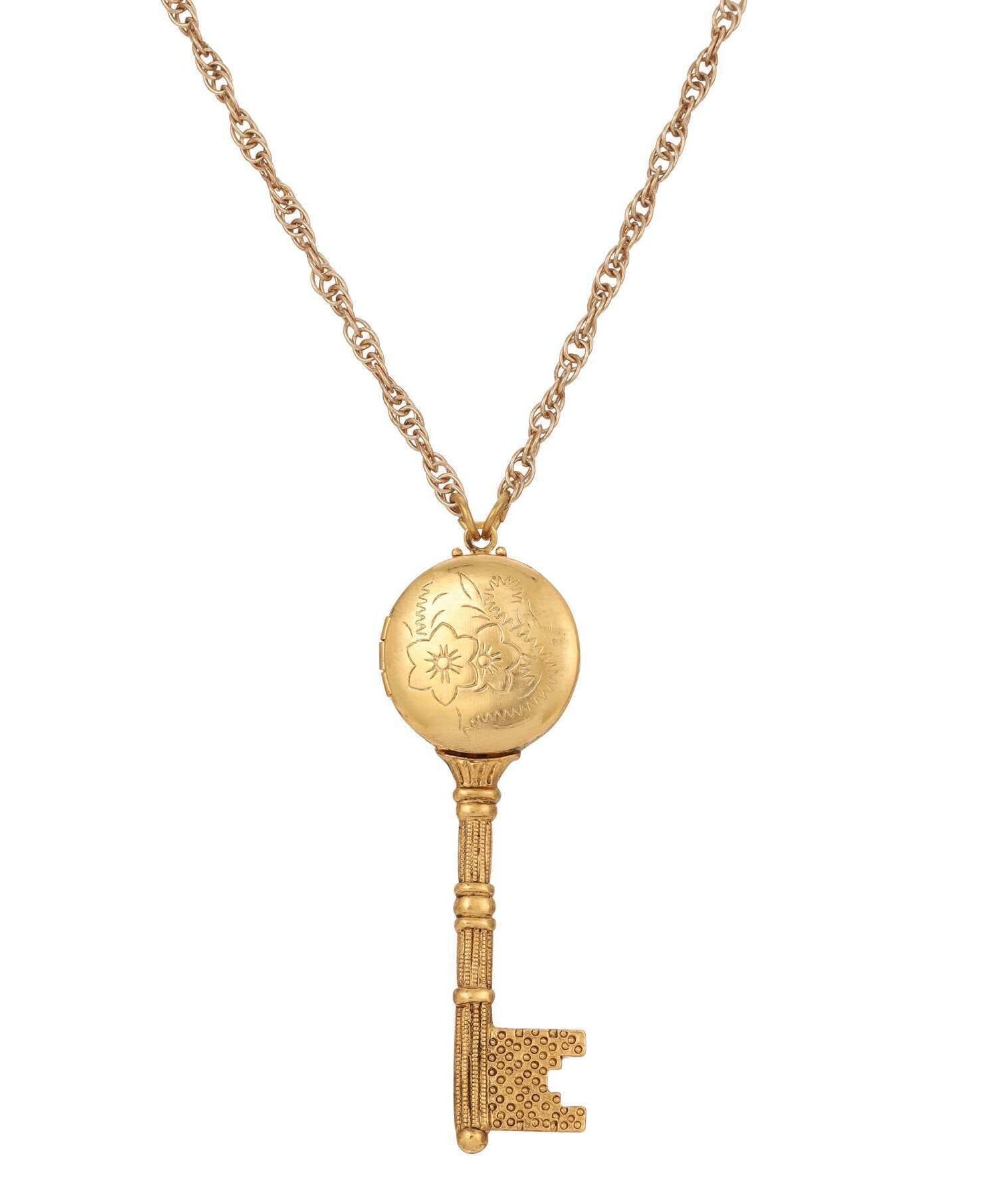 1928 Jewelry Skeleton Key Flower Pendant Photo Locket Necklace 28"