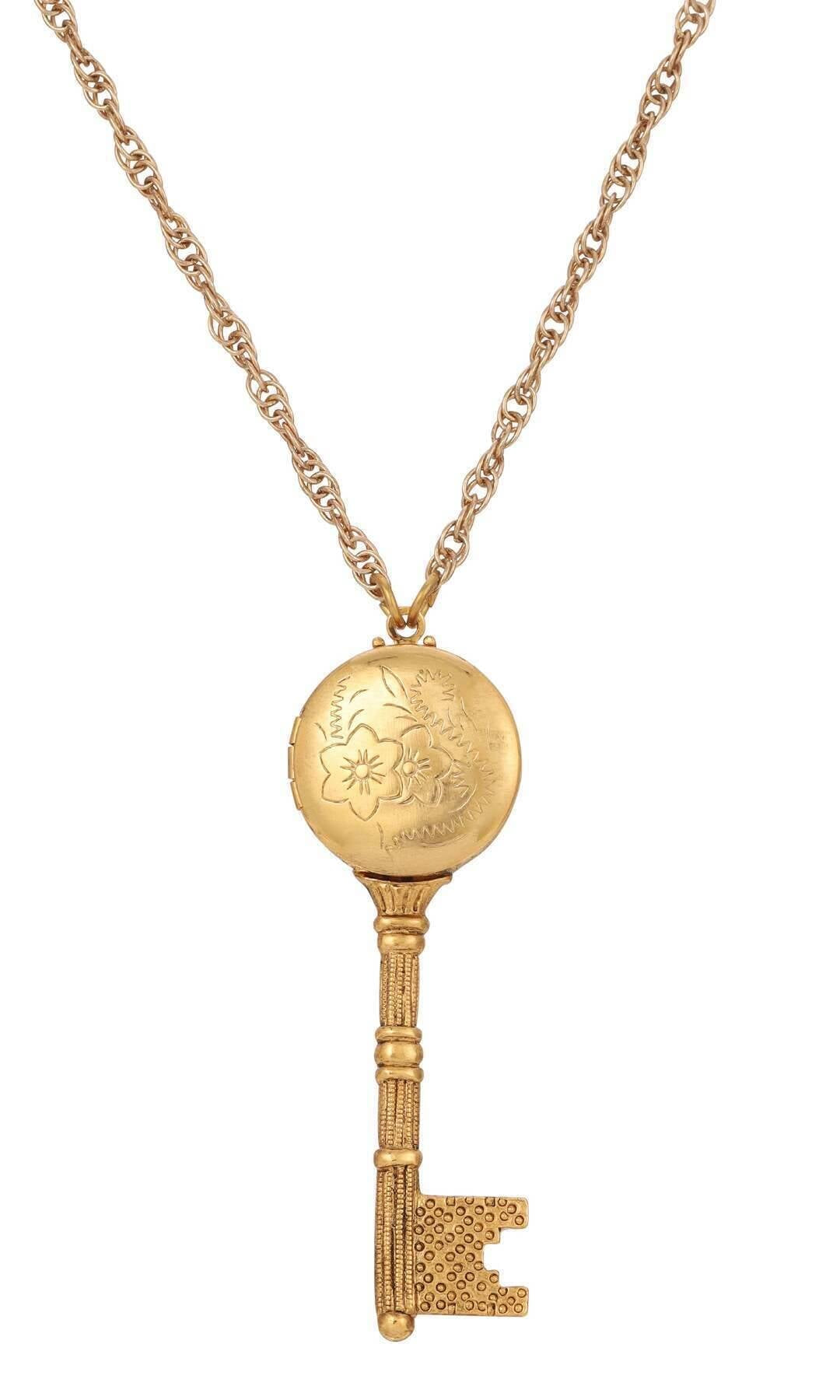 1928 Jewelry Skeleton Key Flower Pendant Photo Locket Necklace 28"