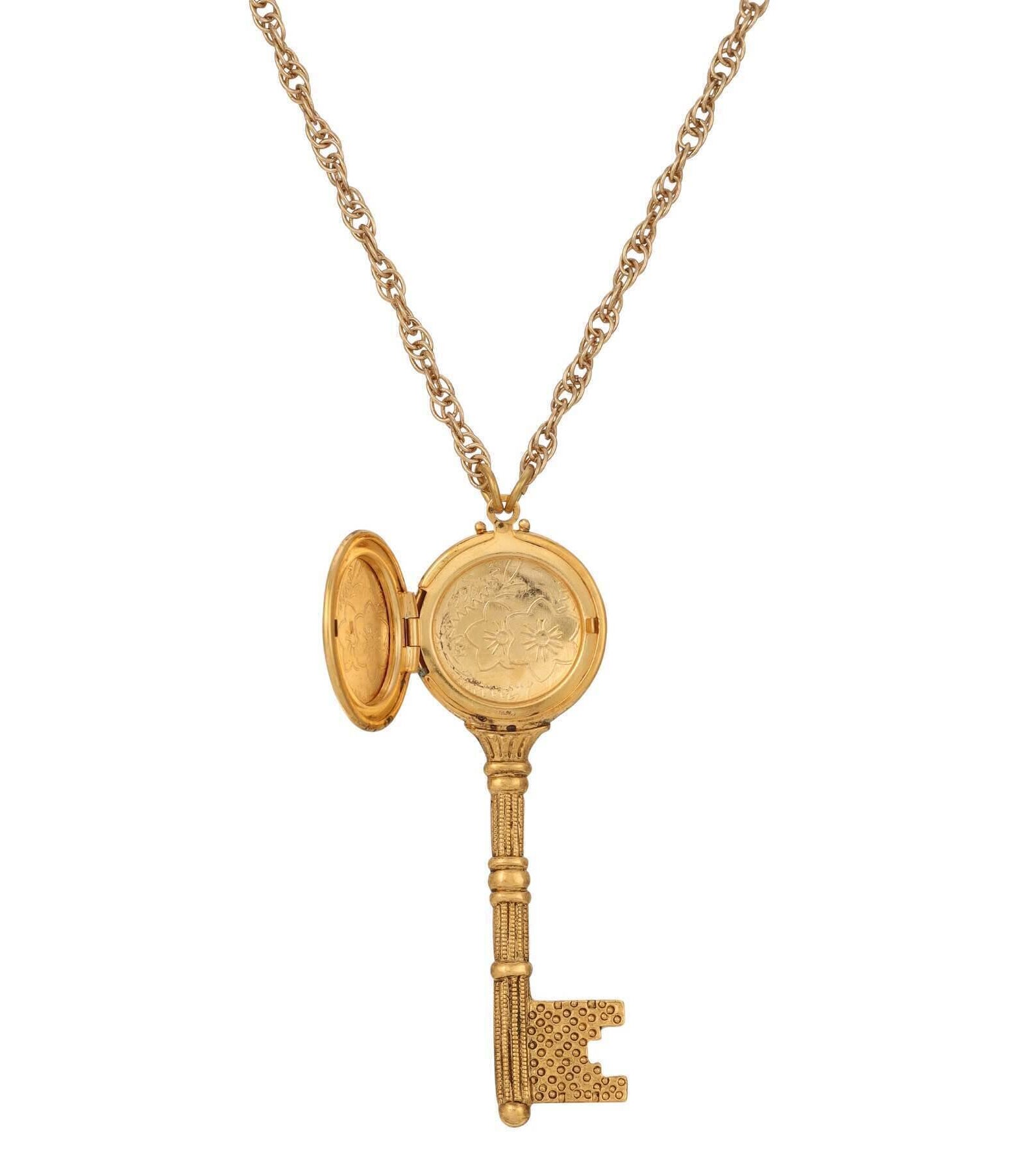 1928 Jewelry Skeleton Key Flower Pendant Photo Locket Necklace 28"