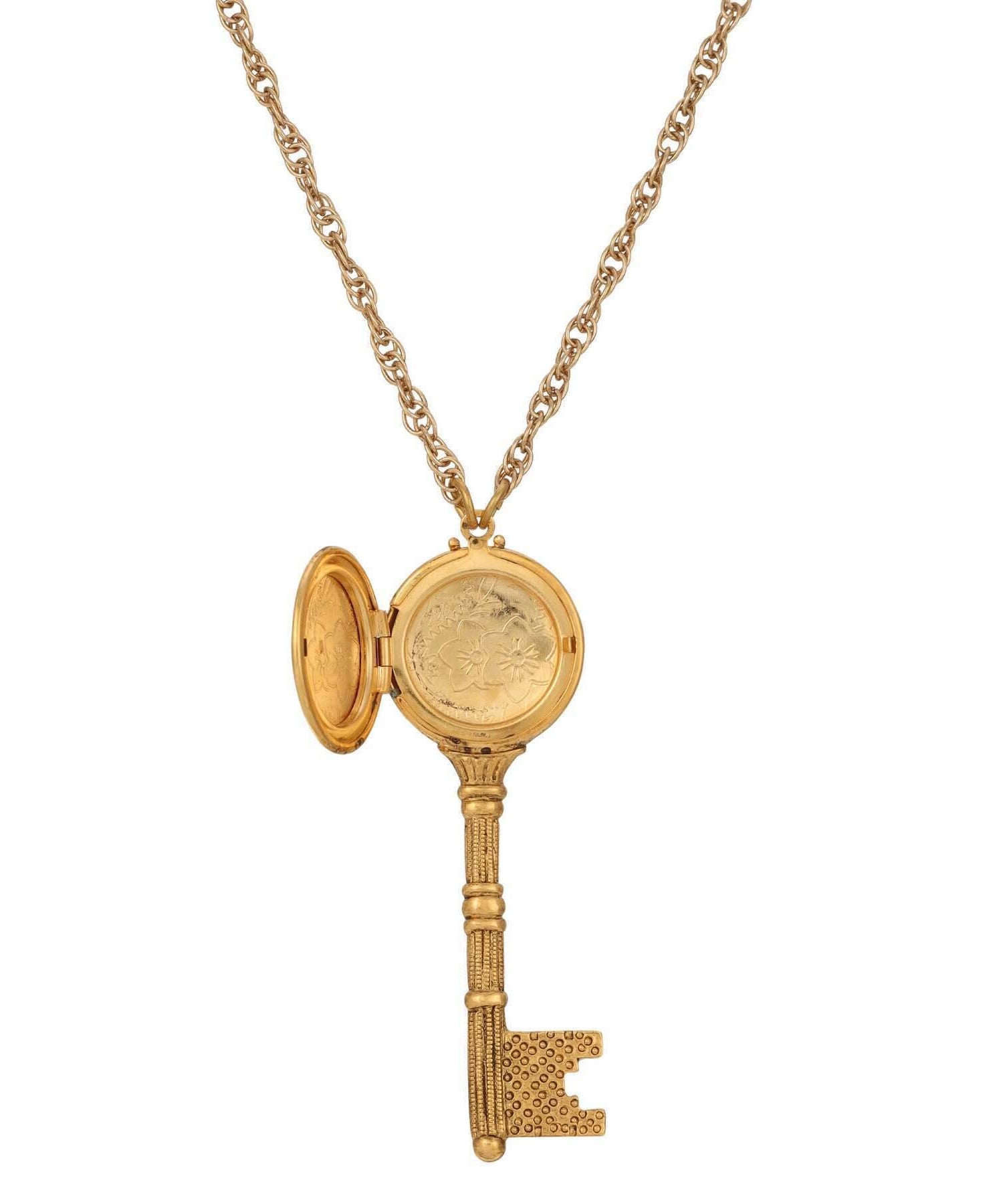 1928 Jewelry Skeleton Key Flower Pendant Photo Locket Necklace 28"