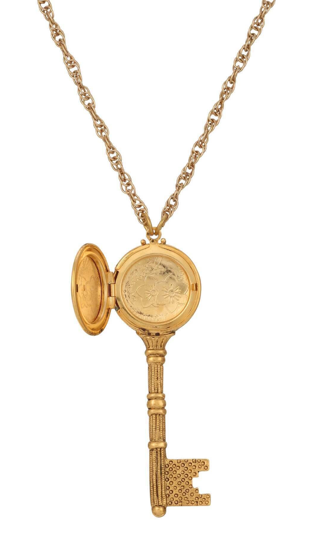 1928 Jewelry Skeleton Key Flower Pendant Photo Locket Necklace 28"