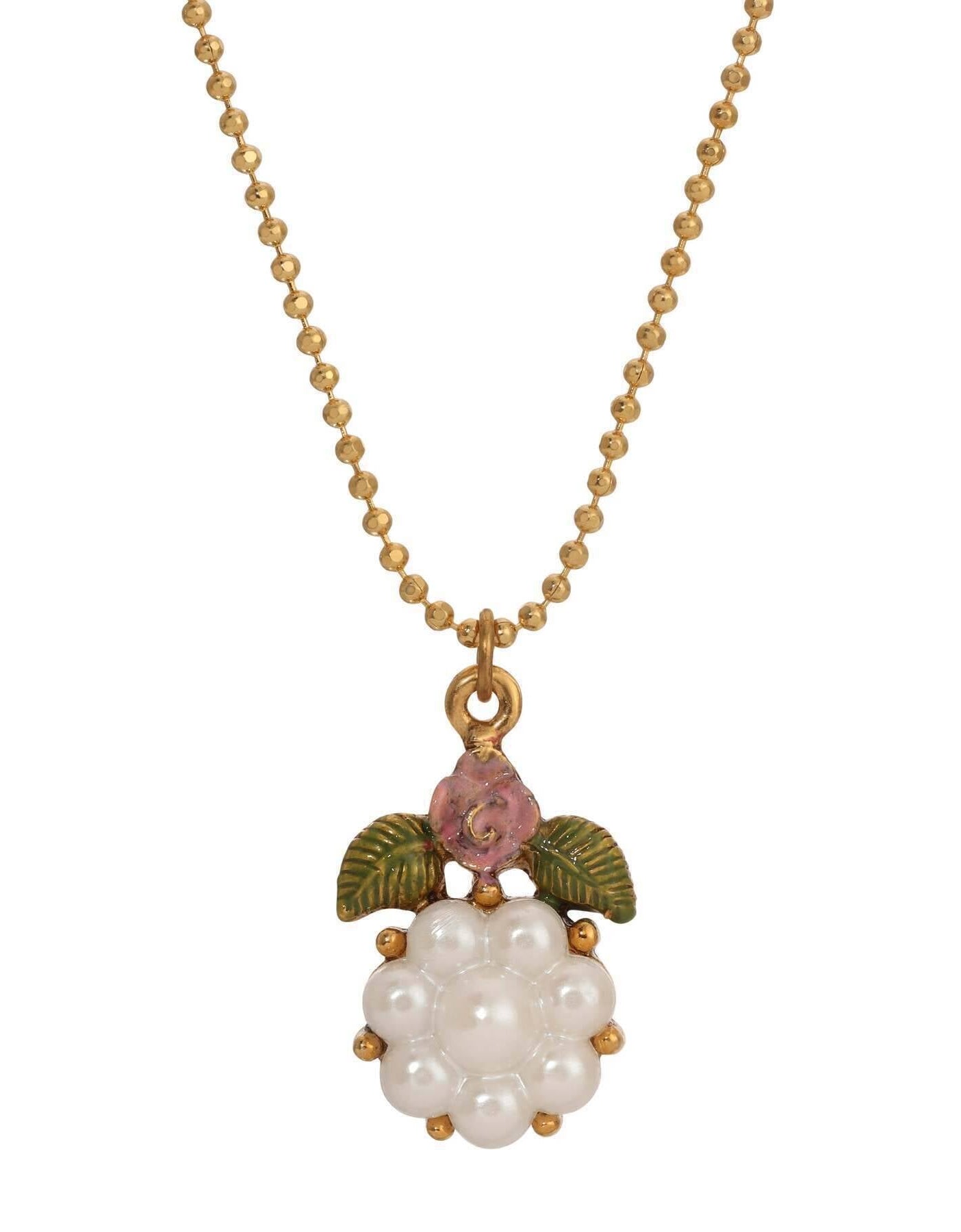 1928 Jewelry Pearly Eden Rose Enamel Faux Pearl Flower Pendant Necklace 16"