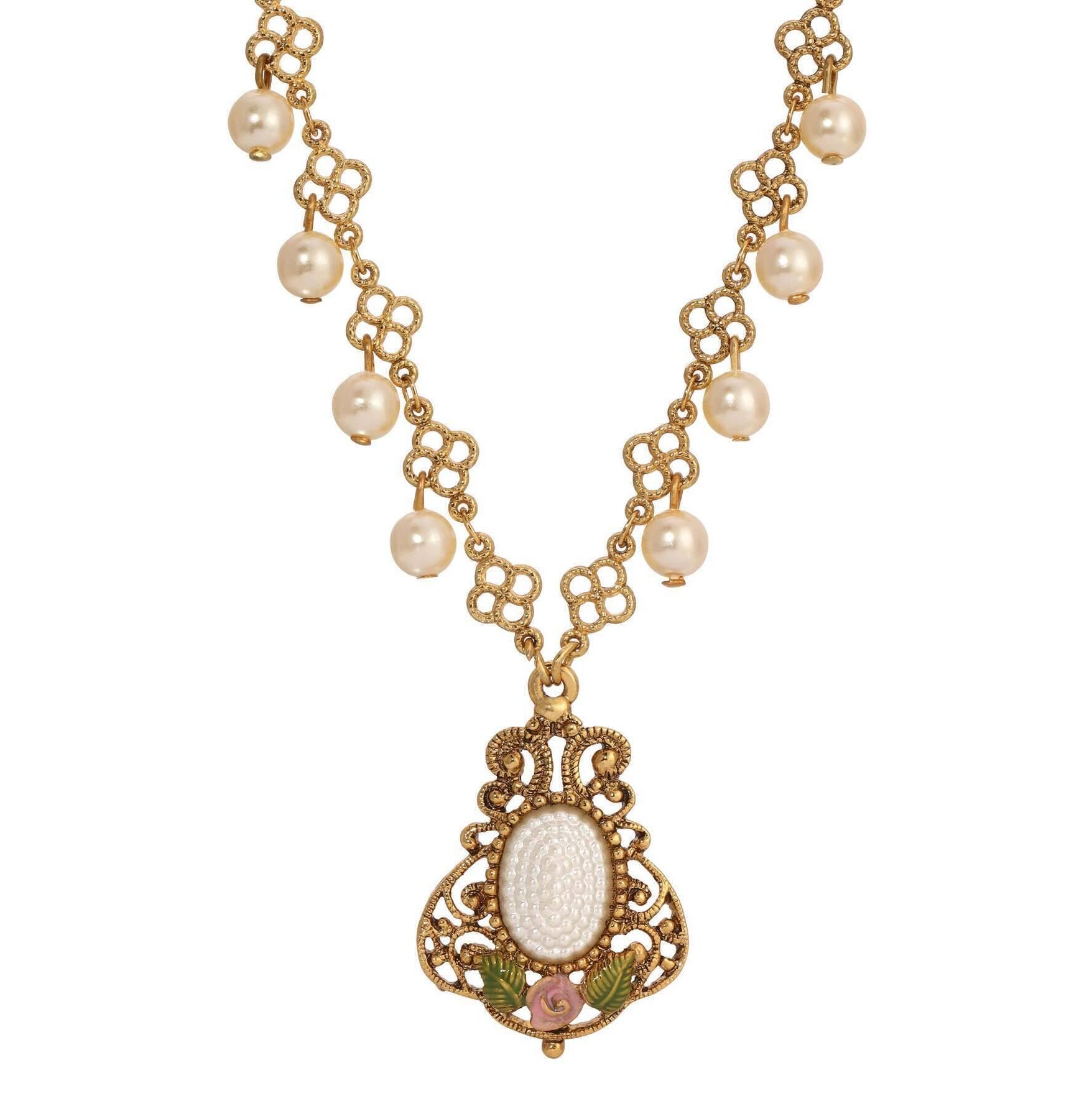 1928 Jewelry Pearly Eden Rose Enamel Filigree Pendant Necklace 16" + 3" Extender