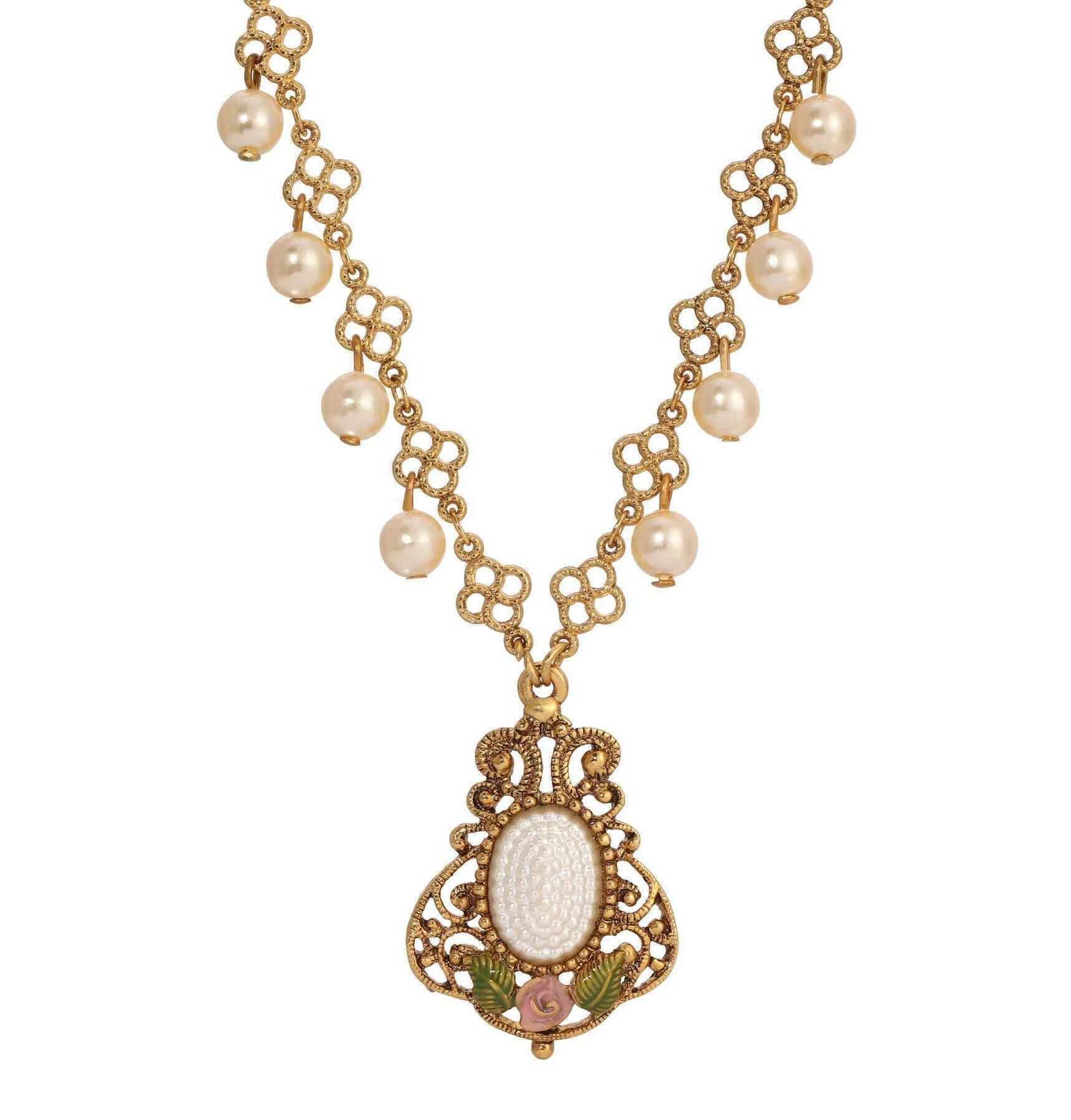 1928 Jewelry Pearly Eden Rose Enamel Filigree Pendant Necklace 16" + 3" Extender