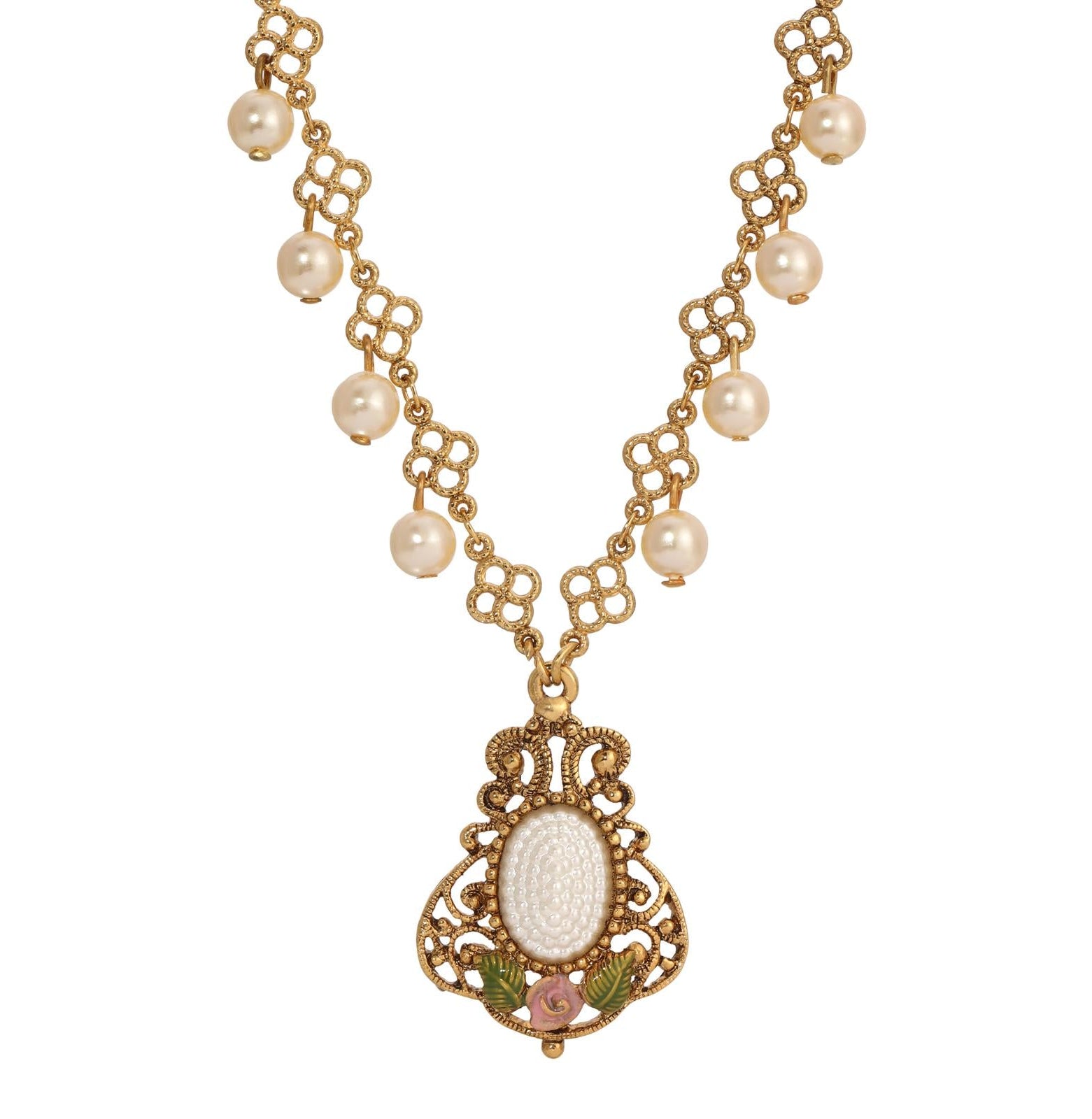 1928 Jewelry Pearly Eden Rose Enamel Filigree Pendant Necklace 16" + 3" Extender