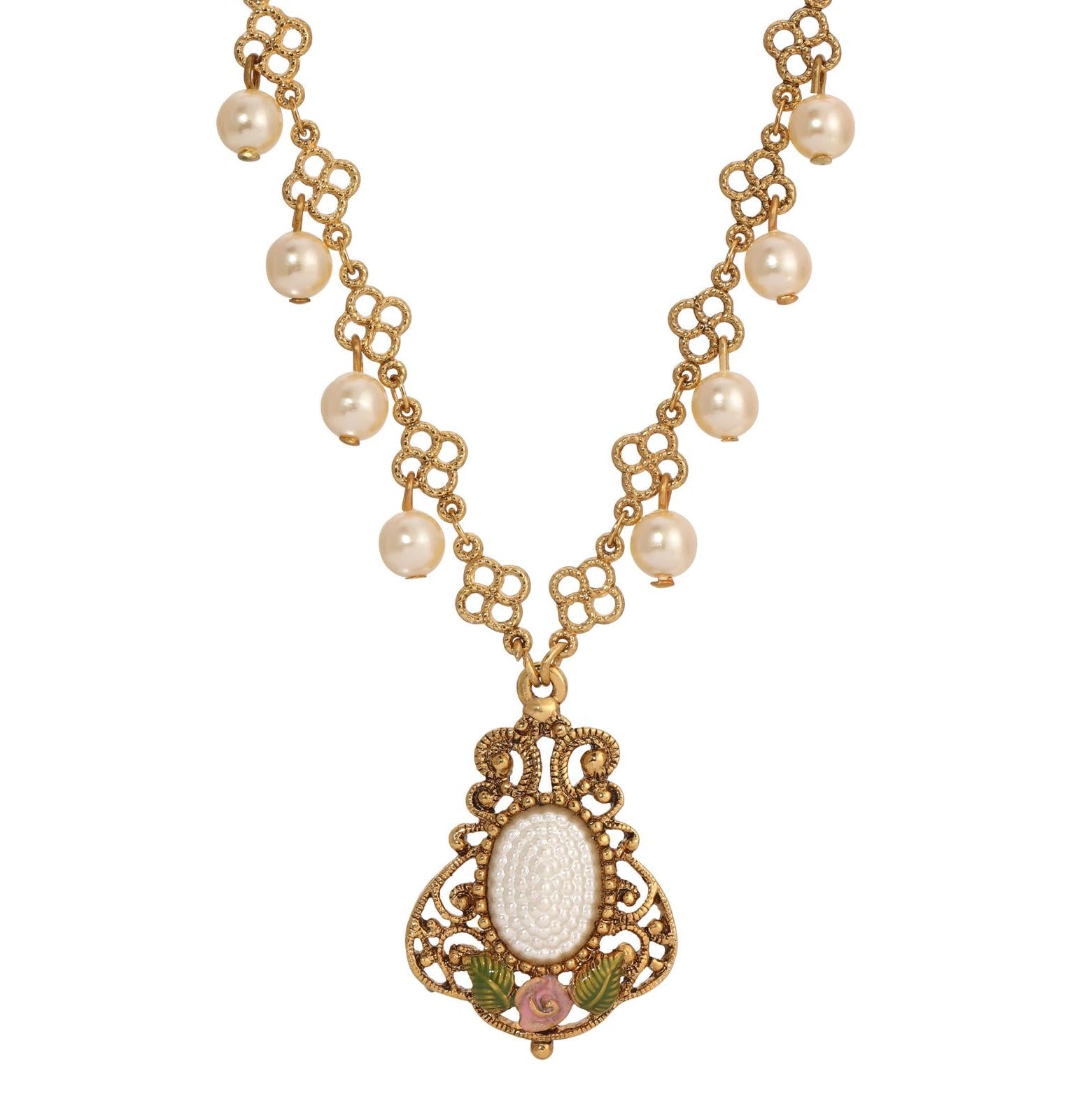 1928 Jewelry Pearly Eden Rose Enamel Filigree Pendant Necklace 16" + 3" Extender