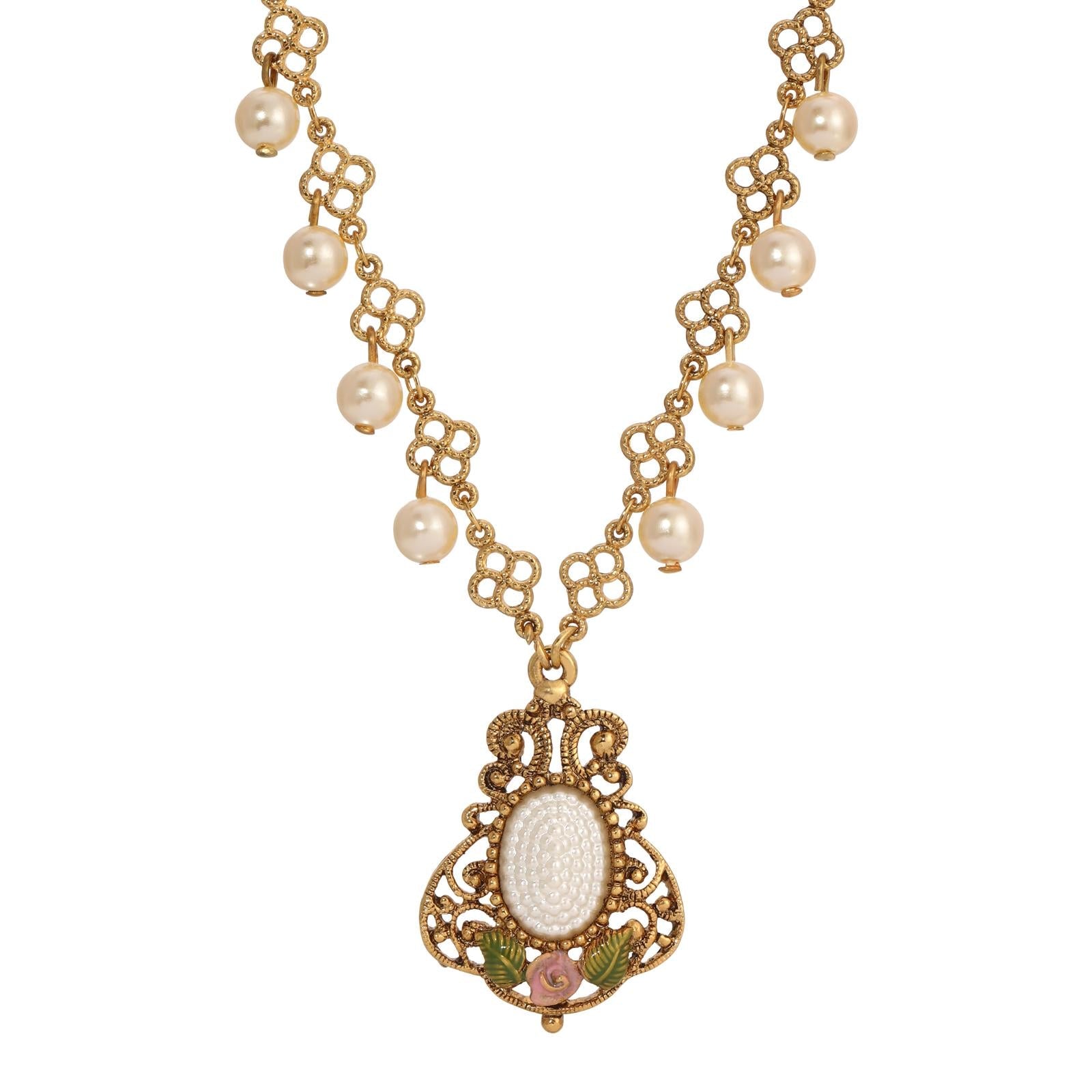 1928 Jewelry Pearly Eden Rose Enamel Filigree Pendant Necklace 16" + 3" Extender