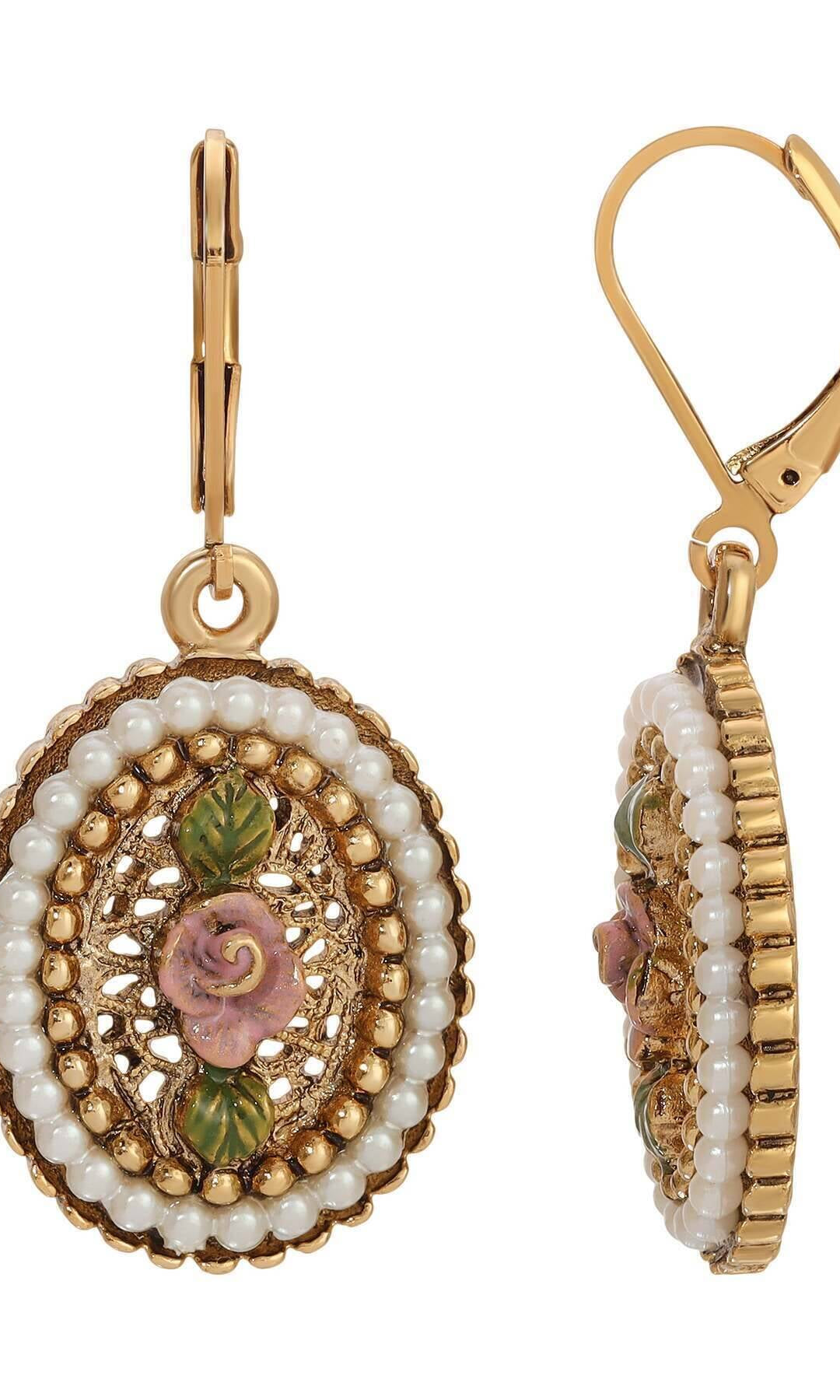 1928 Jewelry Pearly Eden Rose Enamel Faux Pearl Ring Drop Earrings