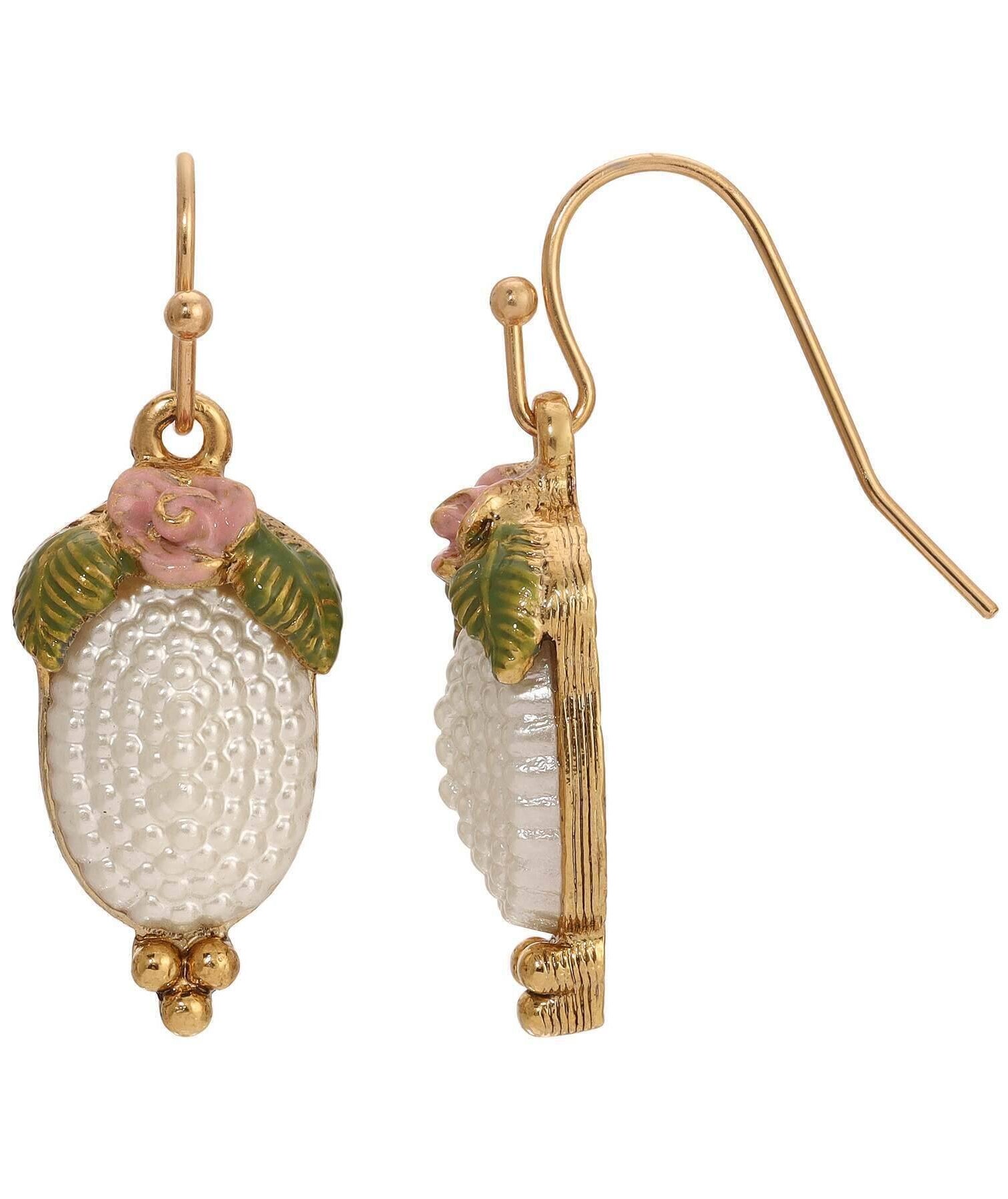 1928 Jewelry Pearly Eden Rose Enamel Oval Faux Pearl Drop Earrings