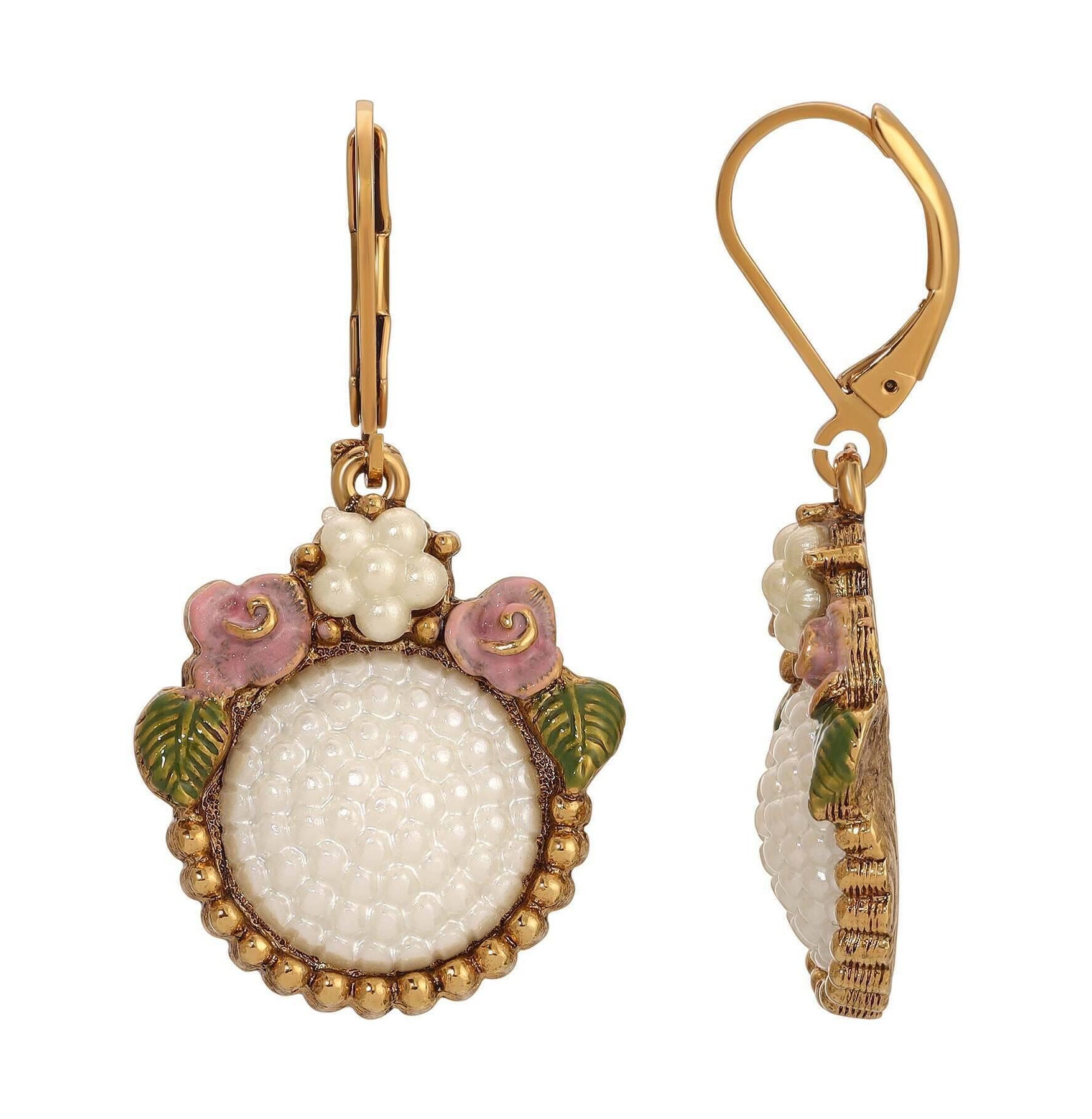 1928 Jewelry Pearly Eden Rose Enamel Round Faux Pearl Drop Earrings