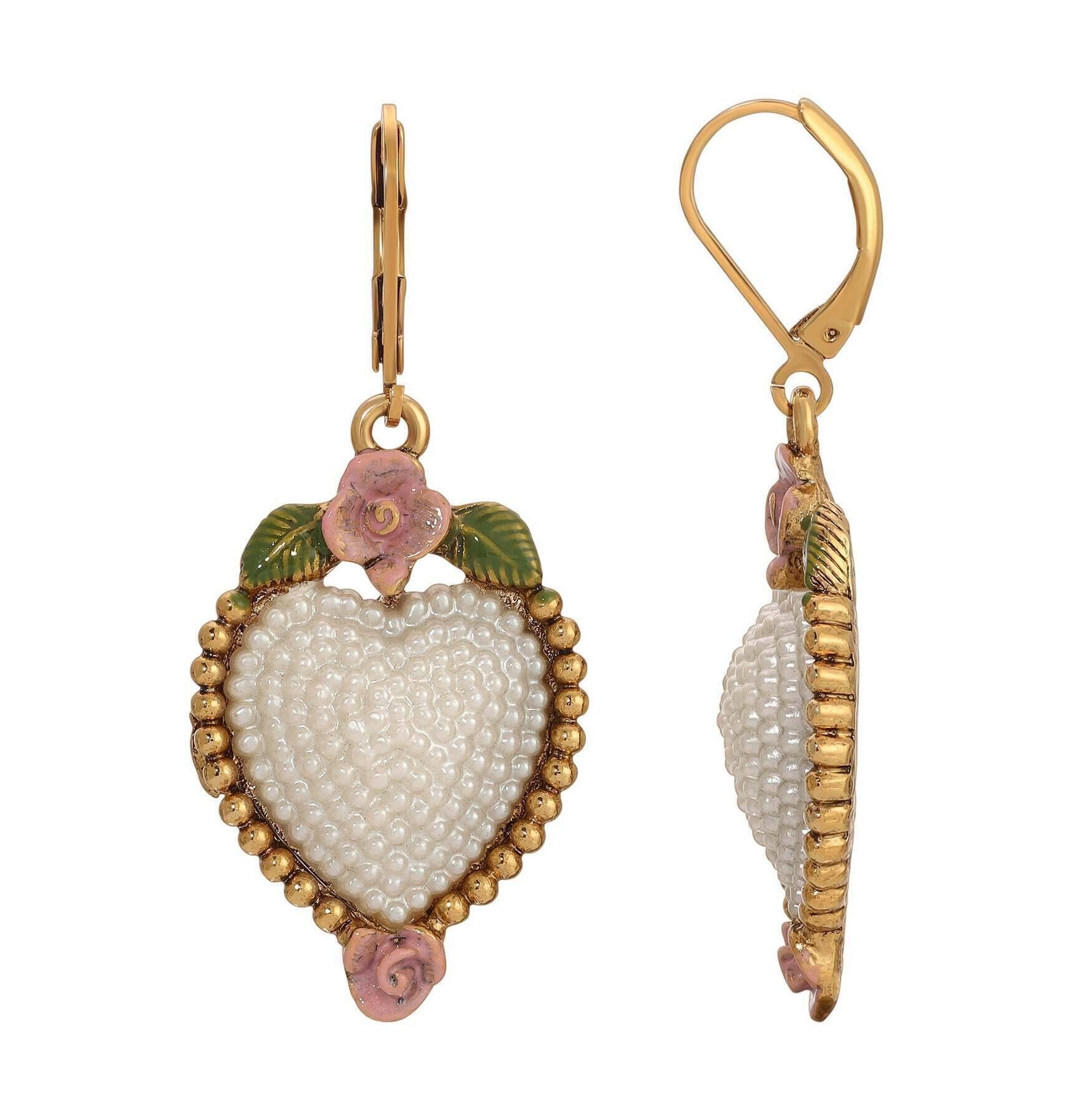 1928 Jewelry Pearly Eden Rose Enamel Heart Faux Pearl Drop Earrings