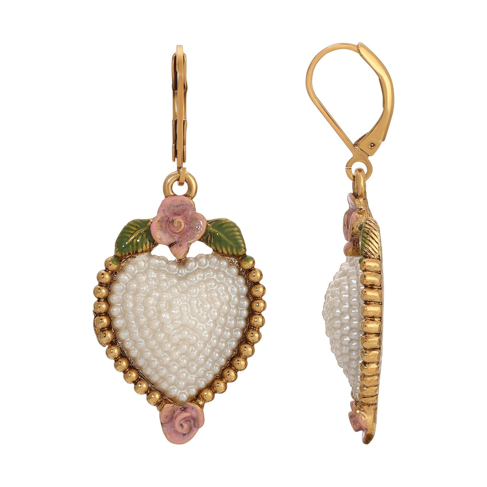 1928 Jewelry Pearly Eden Rose Enamel Heart Faux Pearl Drop Earrings