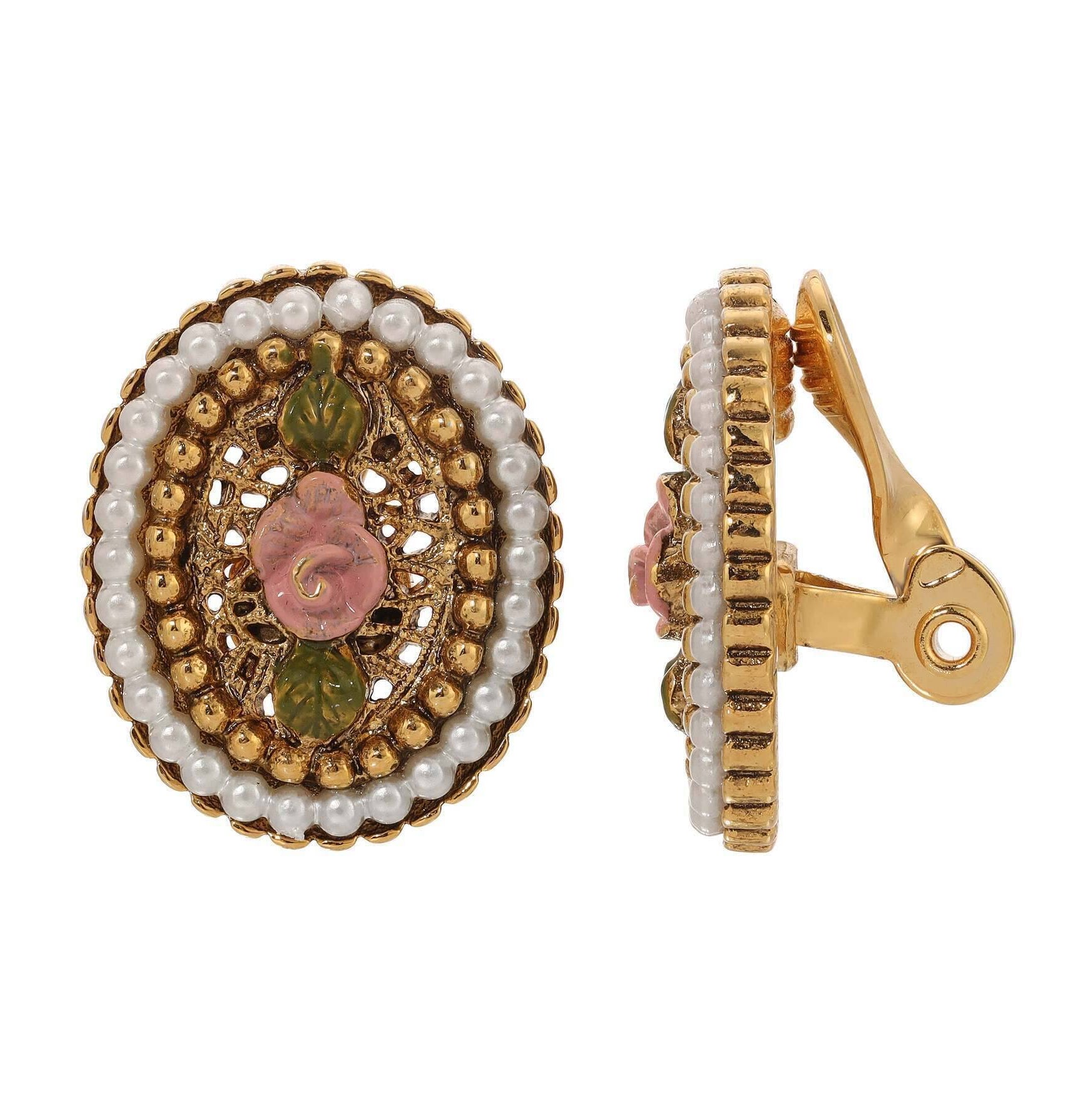 1928 Jewelry Pearly Eden Rose Enamel Faux Pearl Ring Clip On Earrings