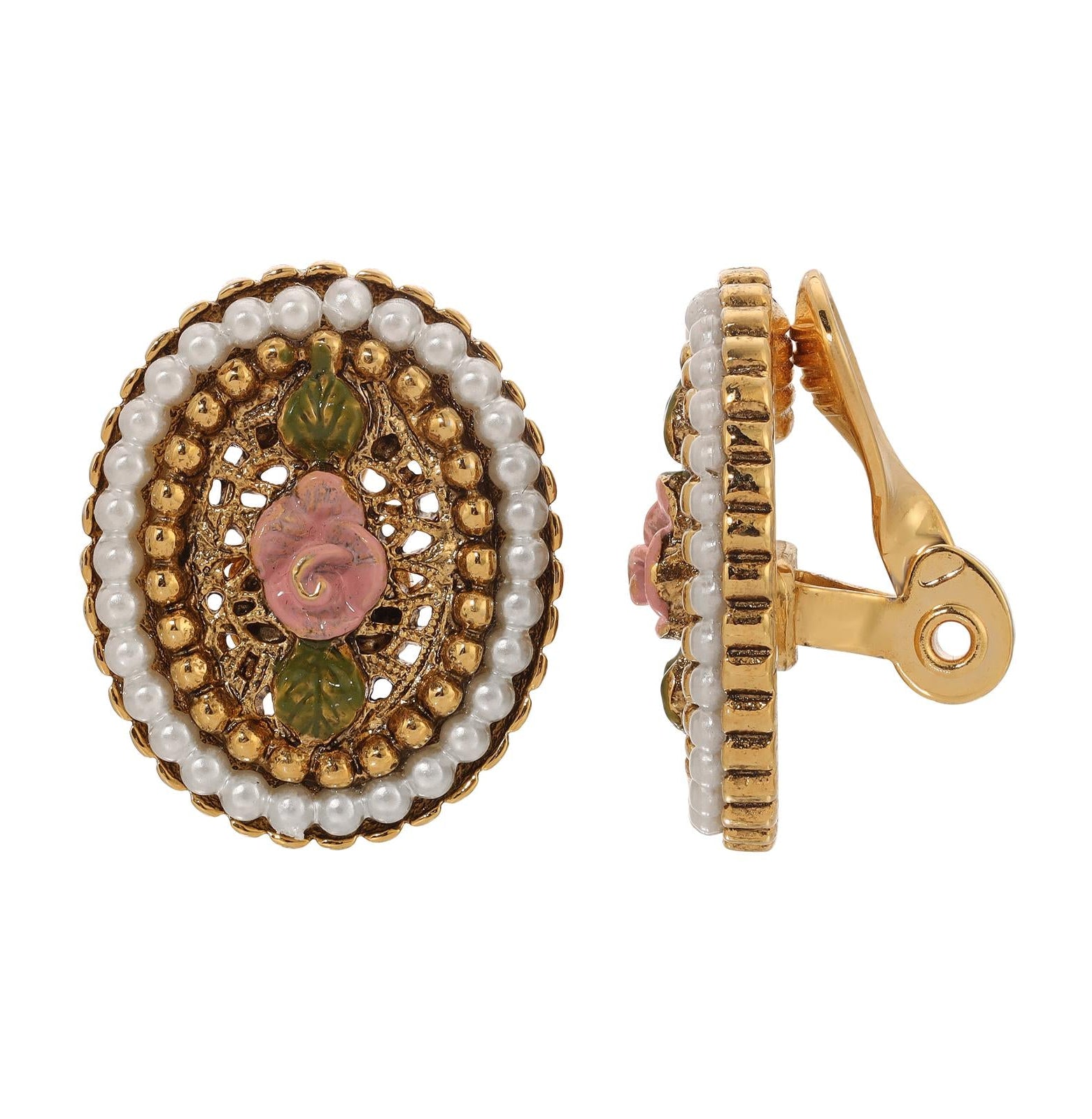 1928 Jewelry Pearly Eden Rose Enamel Faux Pearl Ring Clip On Earrings