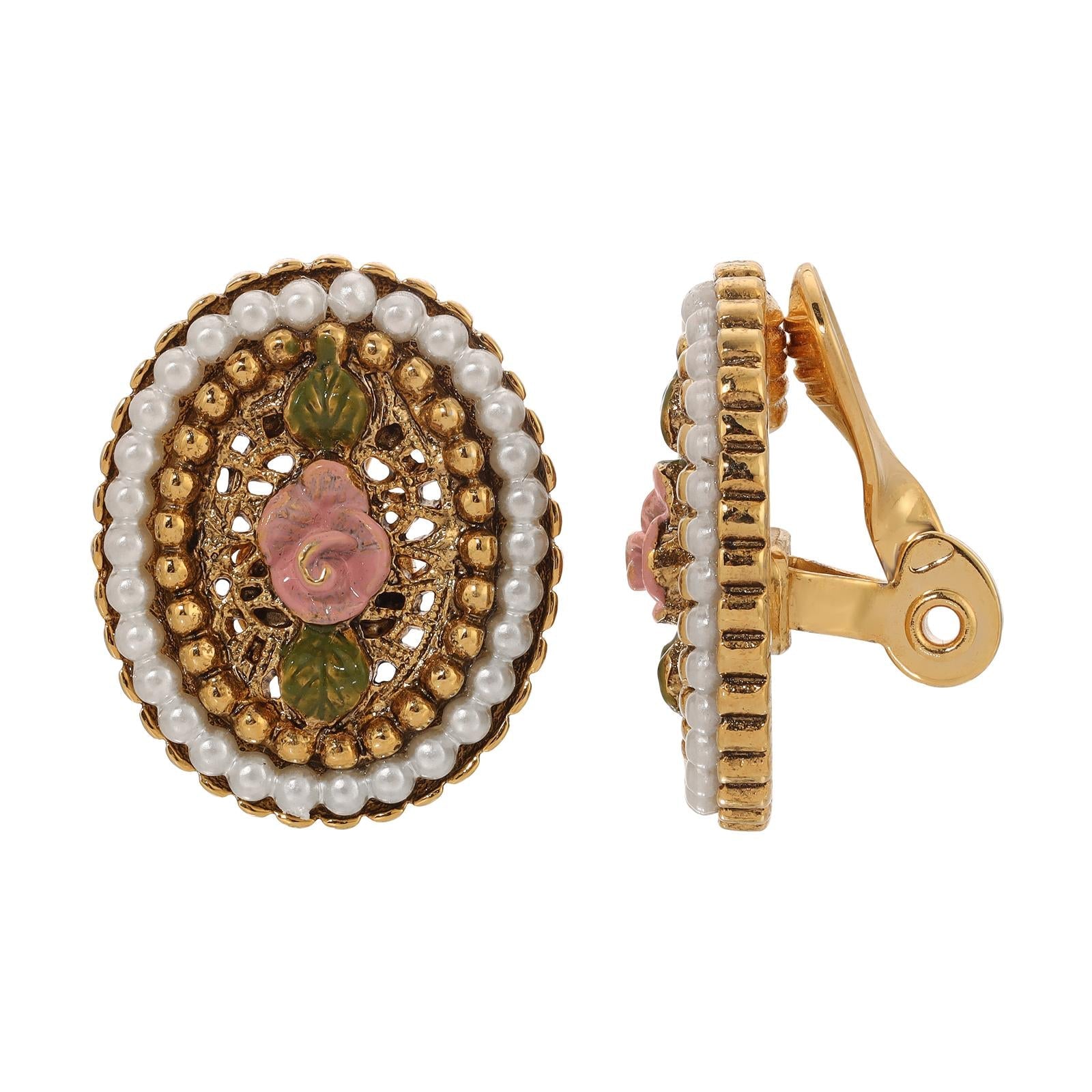 1928 Jewelry Pearly Eden Rose Enamel Faux Pearl Ring Clip On Earrings