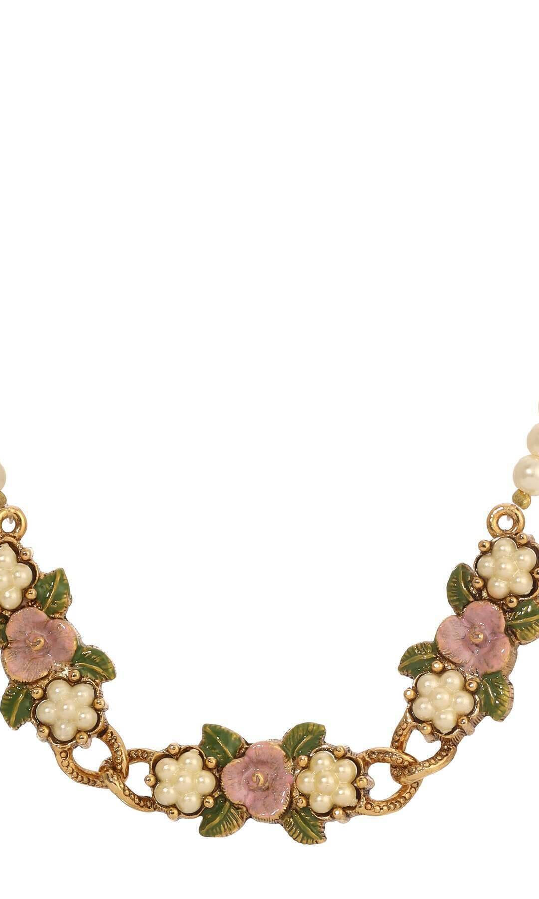 1928 Jewelry Pearly Eden Rose Enamel Faux Pearl Strand Necklace 17" + 3" Extender