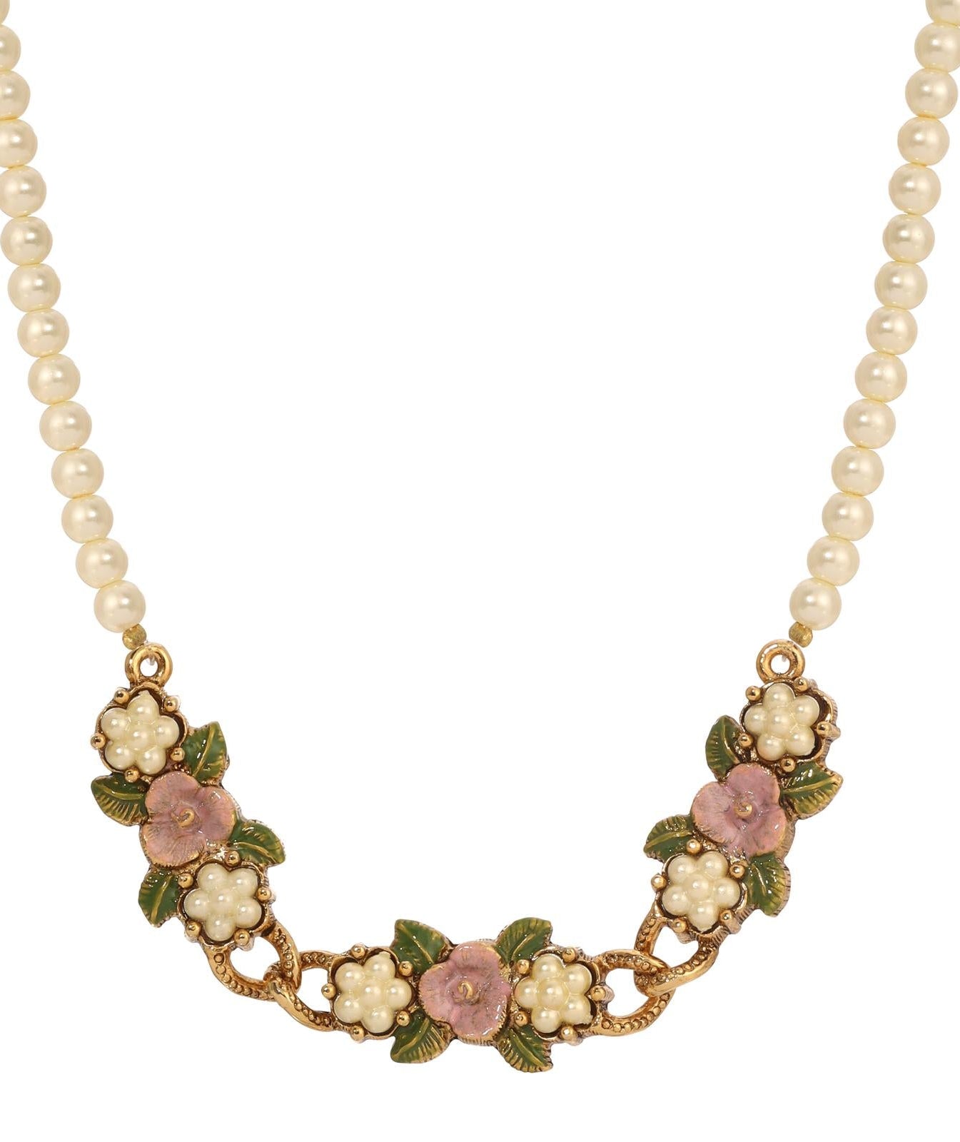 1928 Jewelry Pearly Eden Rose Enamel Faux Pearl Strand Necklace 17" + 3" Extender