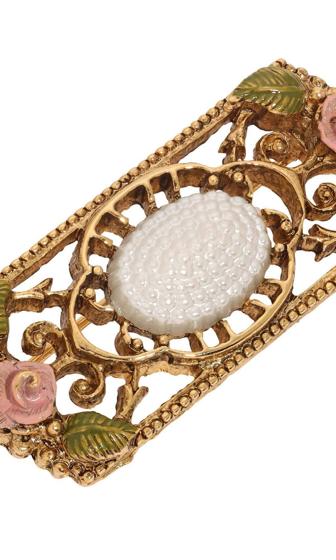 1928 Jewelry Pearly Eden Rose Enamel Faux Pearl Filigree Brooch