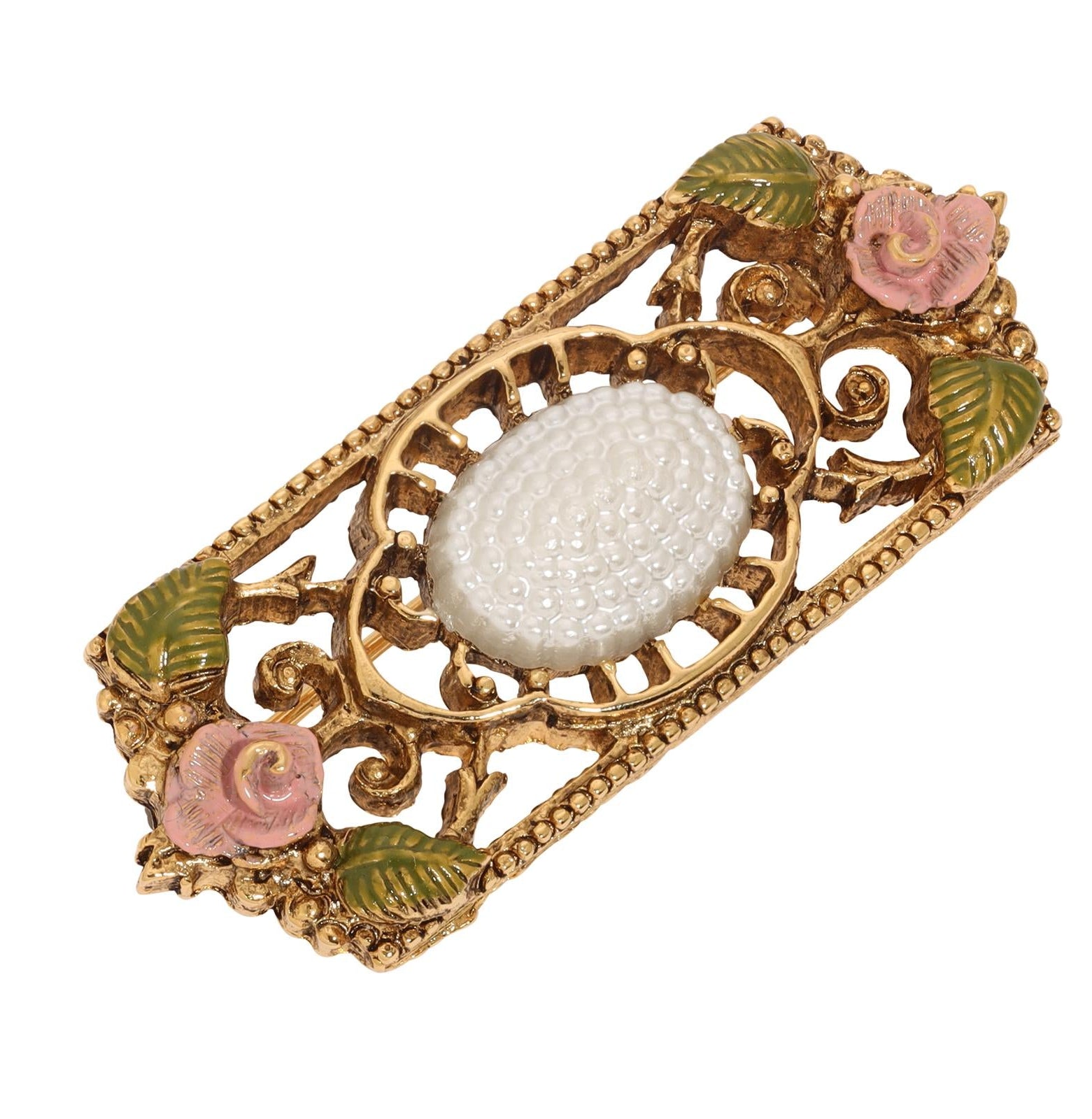 1928 Jewelry Pearly Eden Rose Enamel Faux Pearl Filigree Brooch