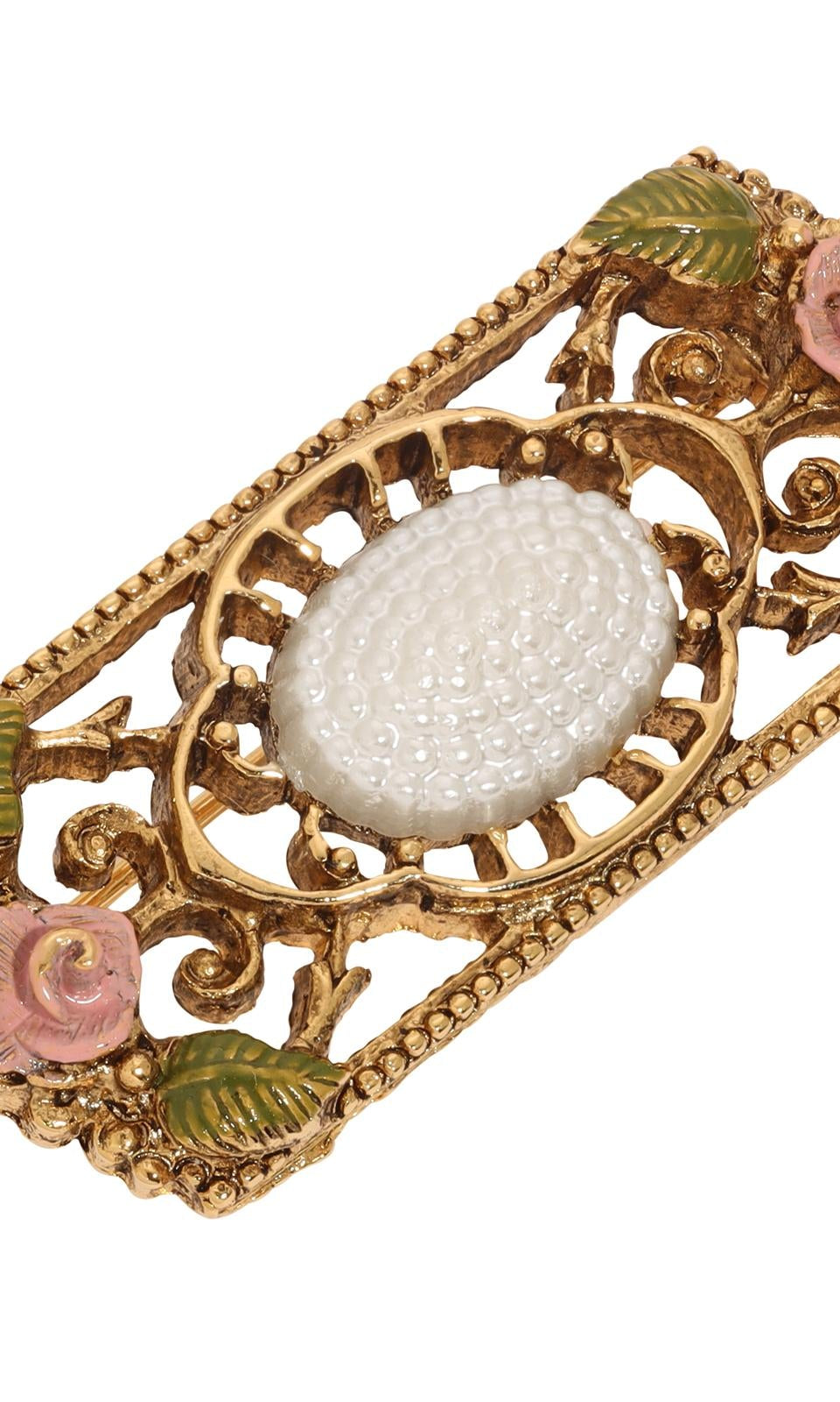 1928 Jewelry Pearly Eden Rose Enamel Faux Pearl Filigree Brooch