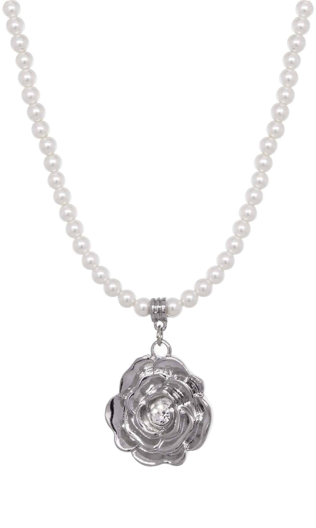 1928 Jewelry 4mm Faux Pearl Strand Flower Crystal Pendant Necklace 15" + 3" Extender