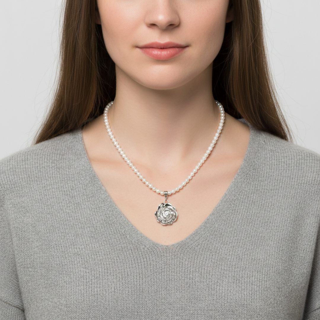 Woman wearing a faux pearl necklace with a silver floral pendant against a neutral background