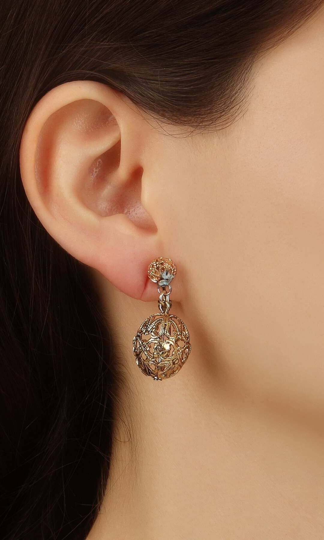 1928 Jewelry Double Filigree Bead Clip Earrings