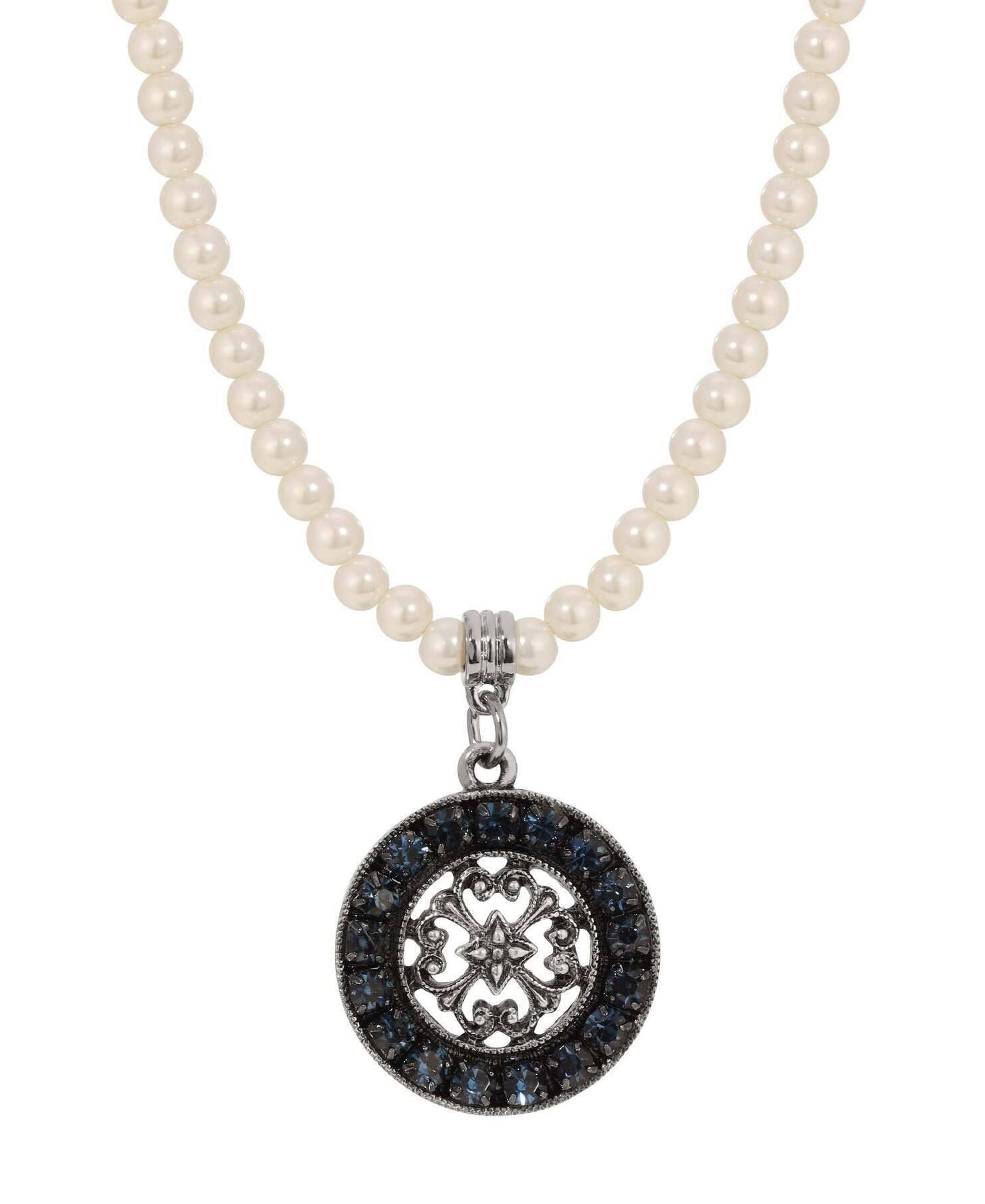 1928 Jewelry 4mm Faux Pearl Strand Hanauma Filigree Crystal Pendant Necklace 15" + 3" Extender