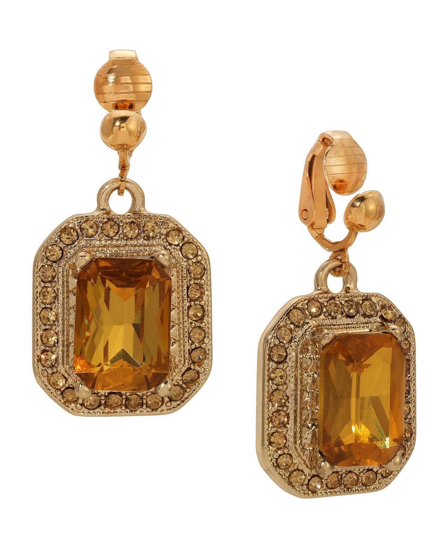 1928 Jewelry Topaz Octagon Stone & Crystal Clip On Earrings