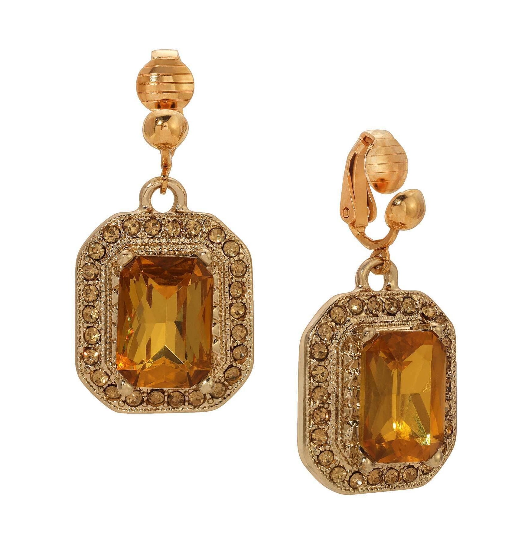 1928 Jewelry Topaz Octagon Stone & Crystal Clip On Earrings