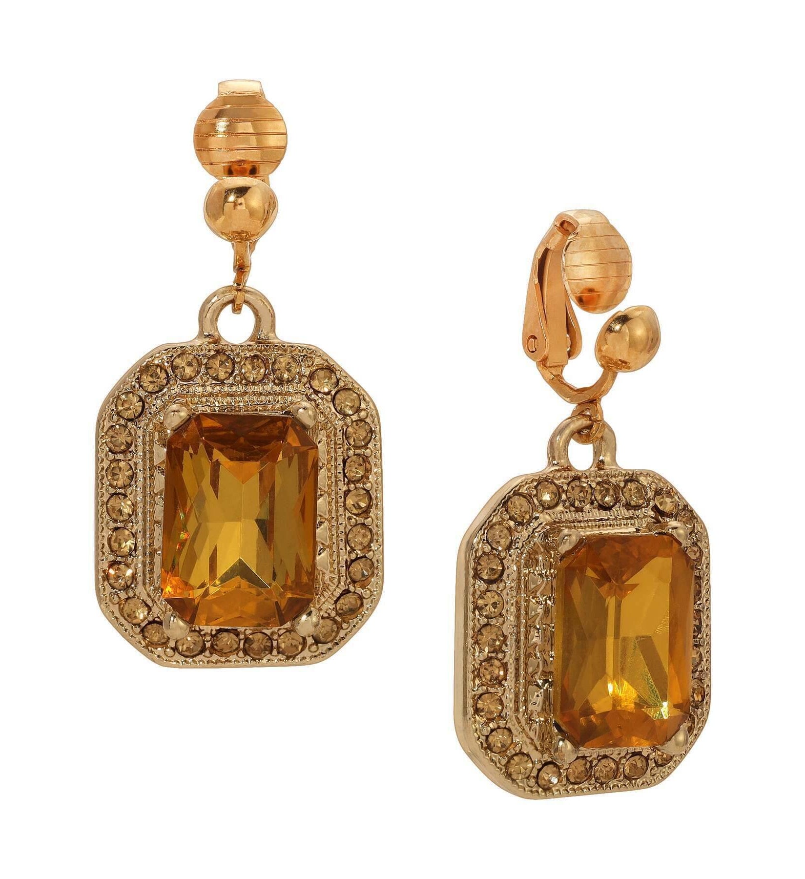 1928 Jewelry Topaz Octagon Stone & Crystal Clip On Earrings