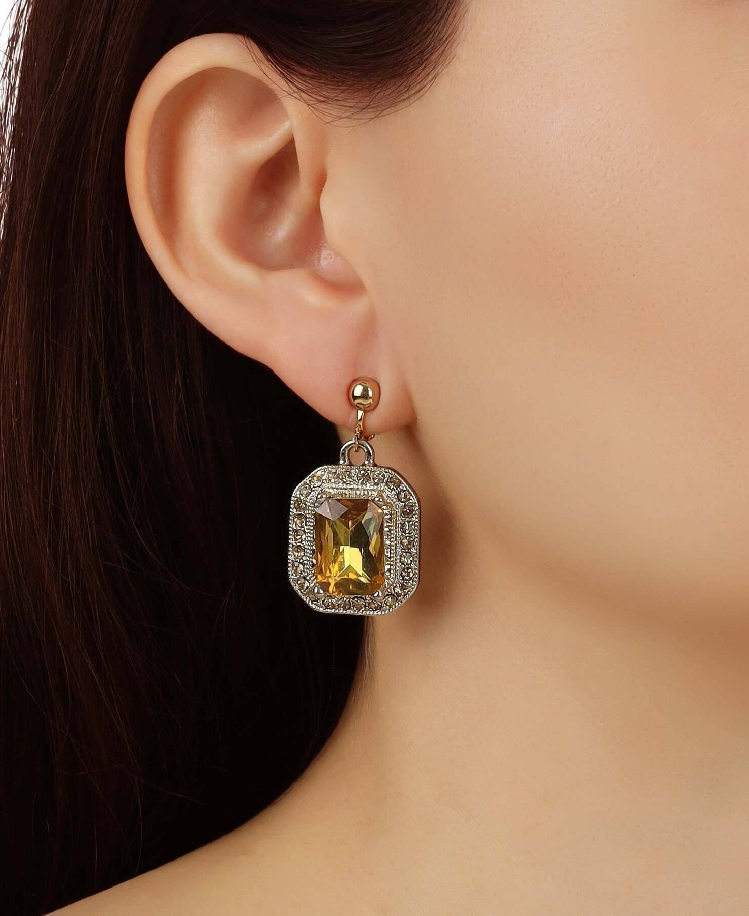 1928 Jewelry Topaz Octagon Stone & Crystal Clip On Earrings