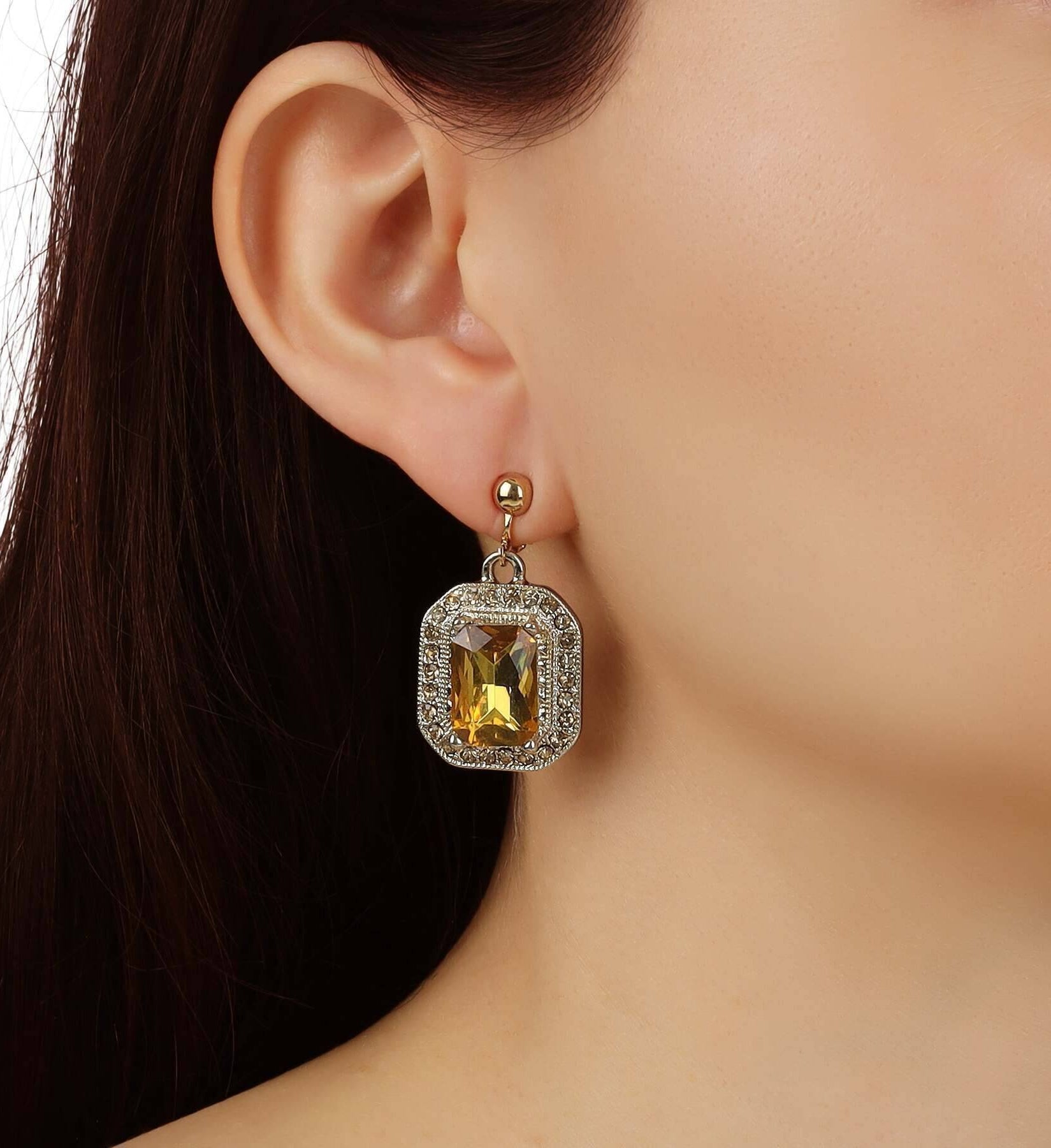 1928 Jewelry Topaz Octagon Stone & Crystal Clip On Earrings