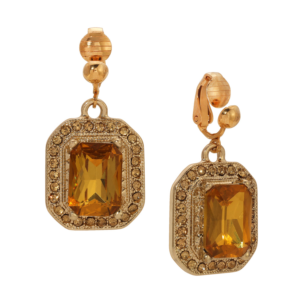 1928 Jewelry Topaz Octagon Stone & Crystal Clip On Earrings