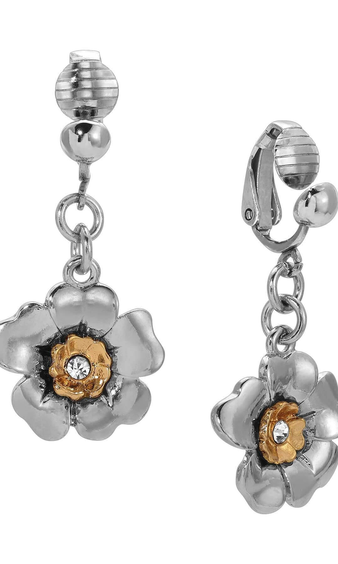 1928 Jewelry Two Tone Crystal Flower Clip Earrings