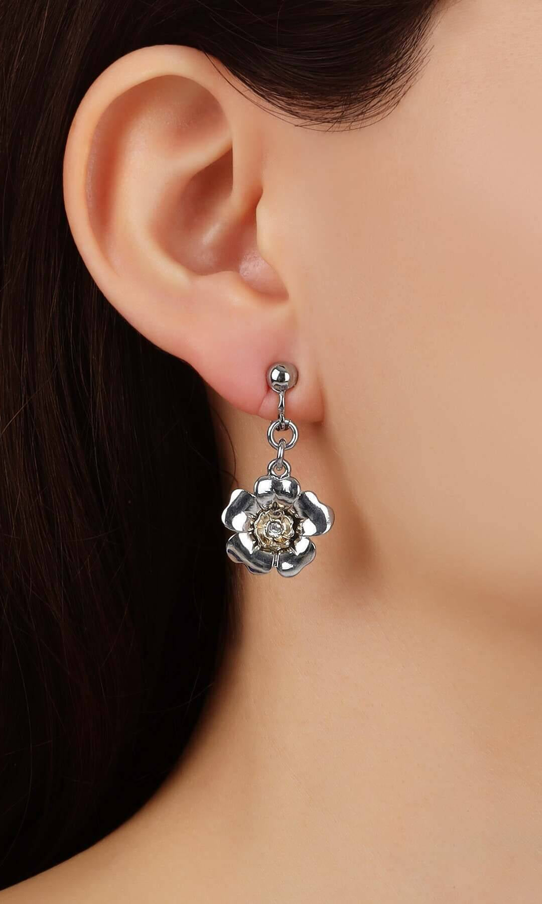 1928 Jewelry Two Tone Crystal Flower Clip Earrings