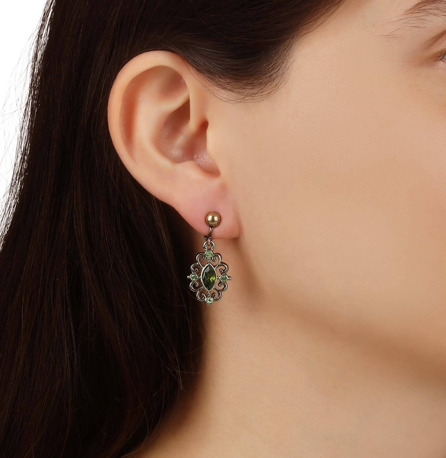 1928 Jewelry Olivine Green Crystal Filigree Clip On Earrings