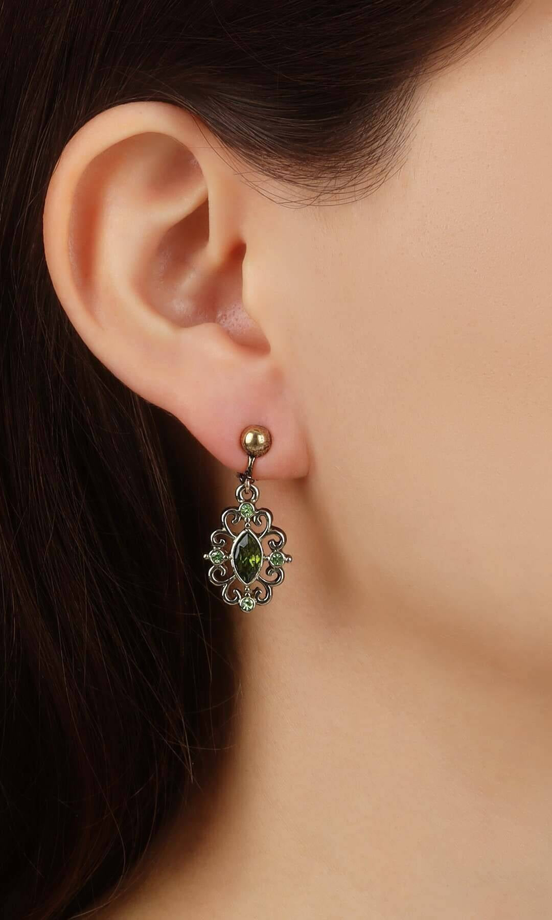 1928 Jewelry Olivine Green Crystal Filigree Clip On Earrings