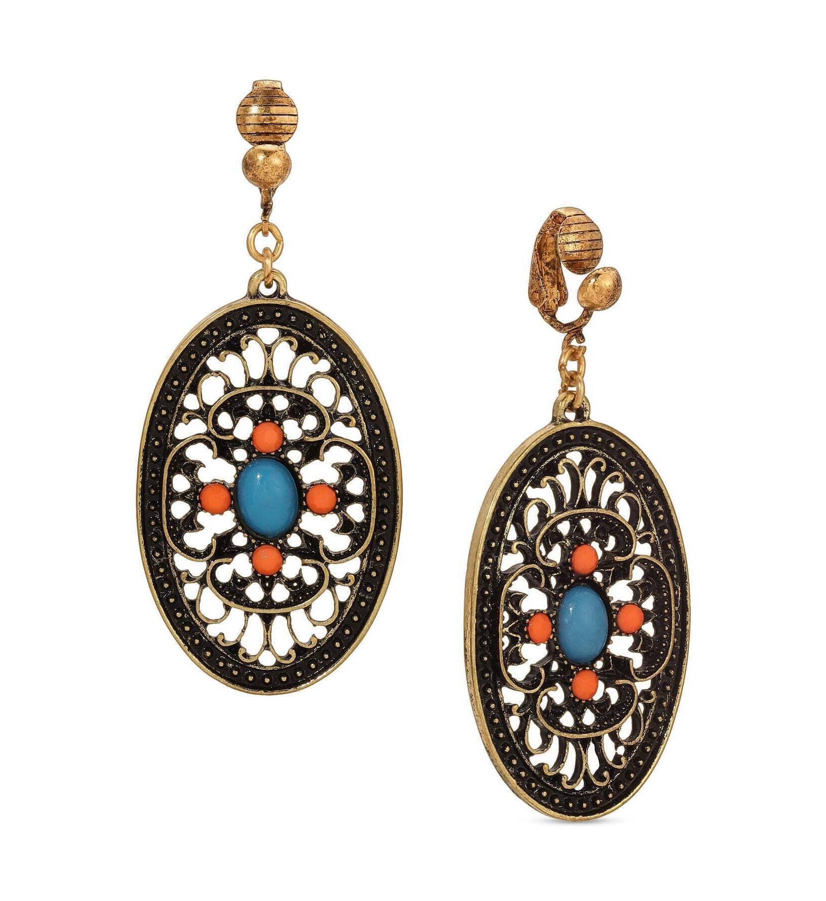 1928 Jewelry Brass Turquoise And Coral Filigree Oval Clip On Earrings