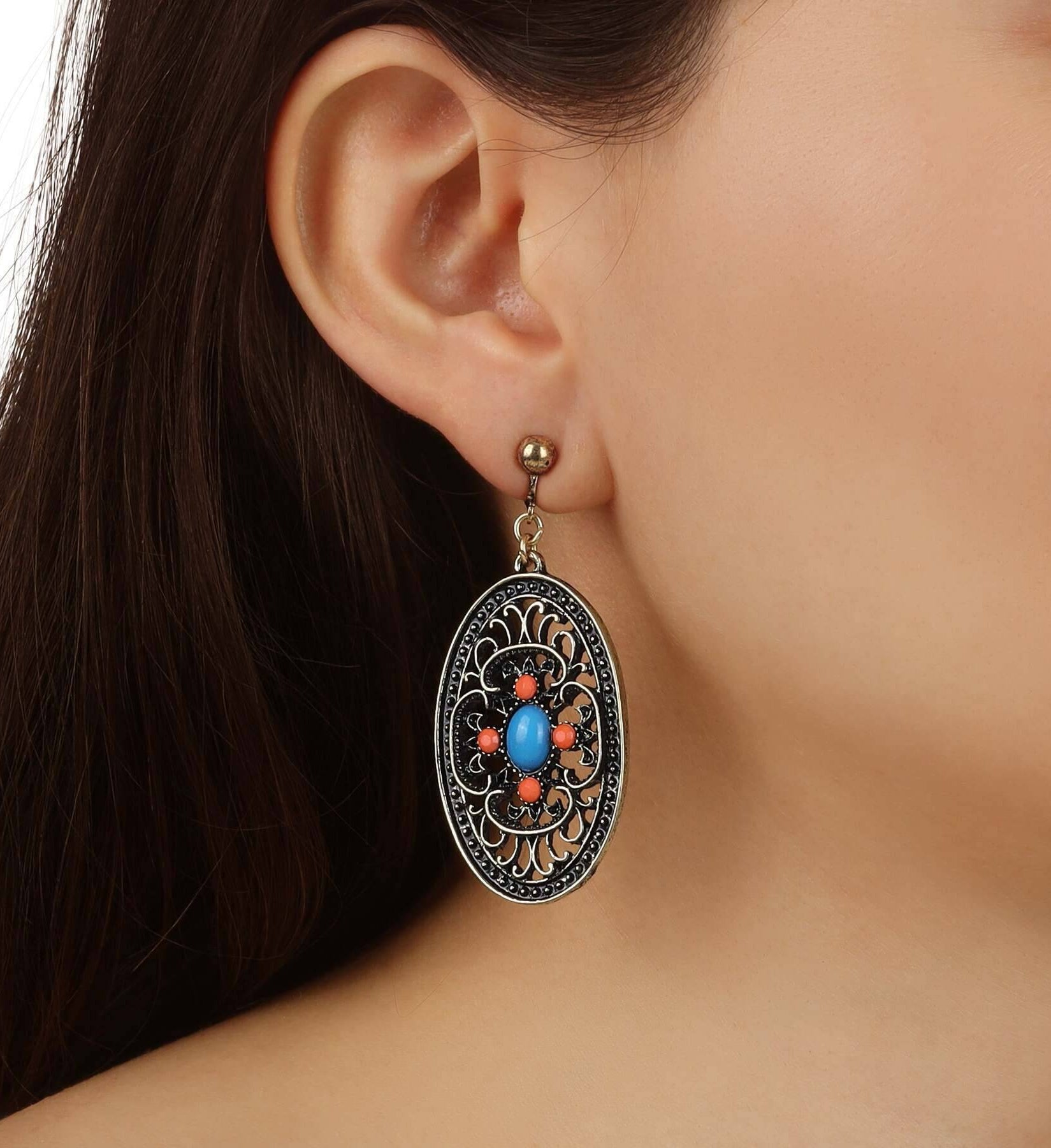 1928 Jewelry Brass Turquoise And Coral Filigree Oval Clip On Earrings