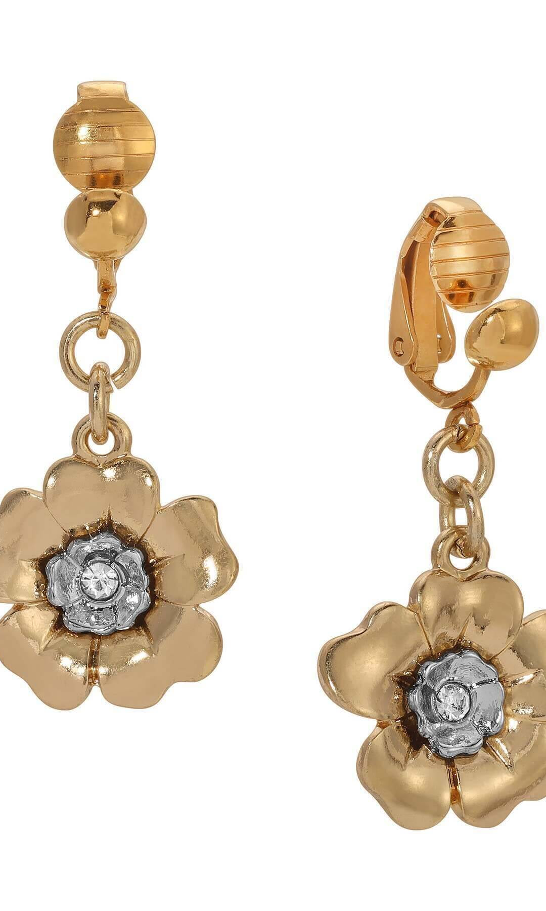 1928 Jewelry Two Tone Crystal Flower Clip Earrings