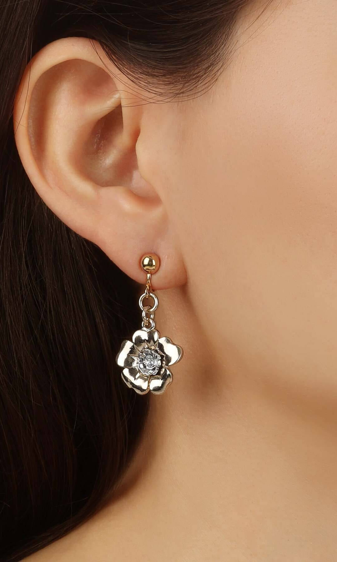 1928 Jewelry Two Tone Crystal Flower Clip Earrings