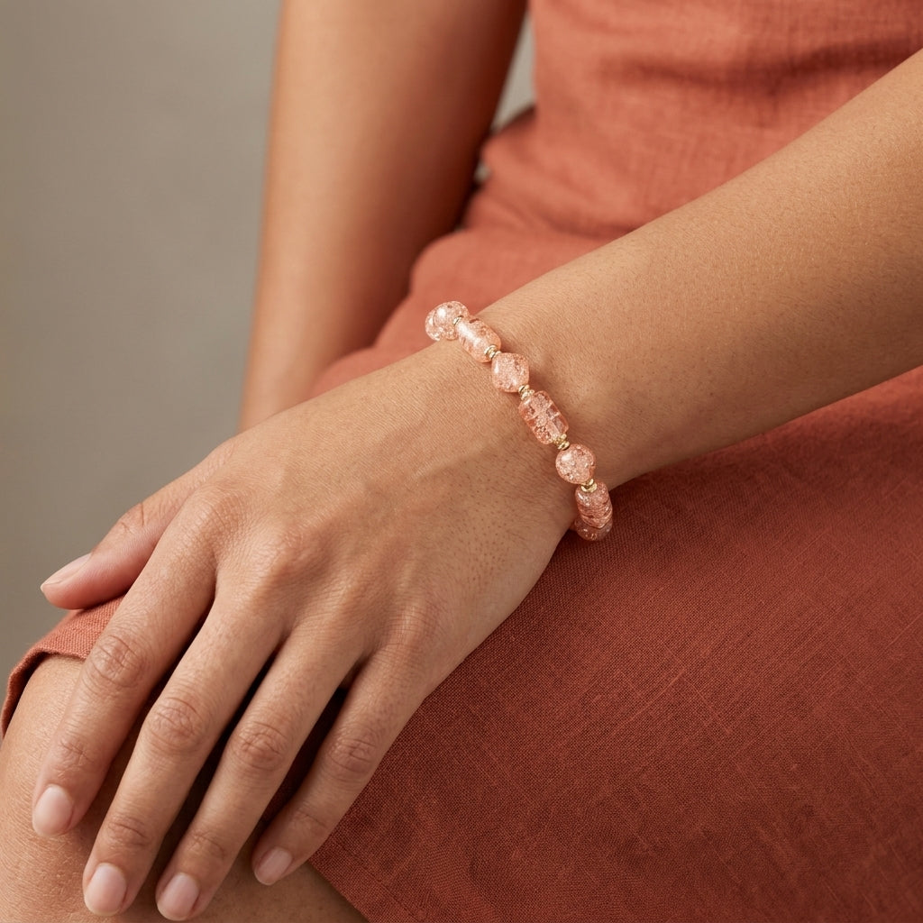 Woman in an orange dress wearing a Beaded Peach Cracked Glass Bracelet