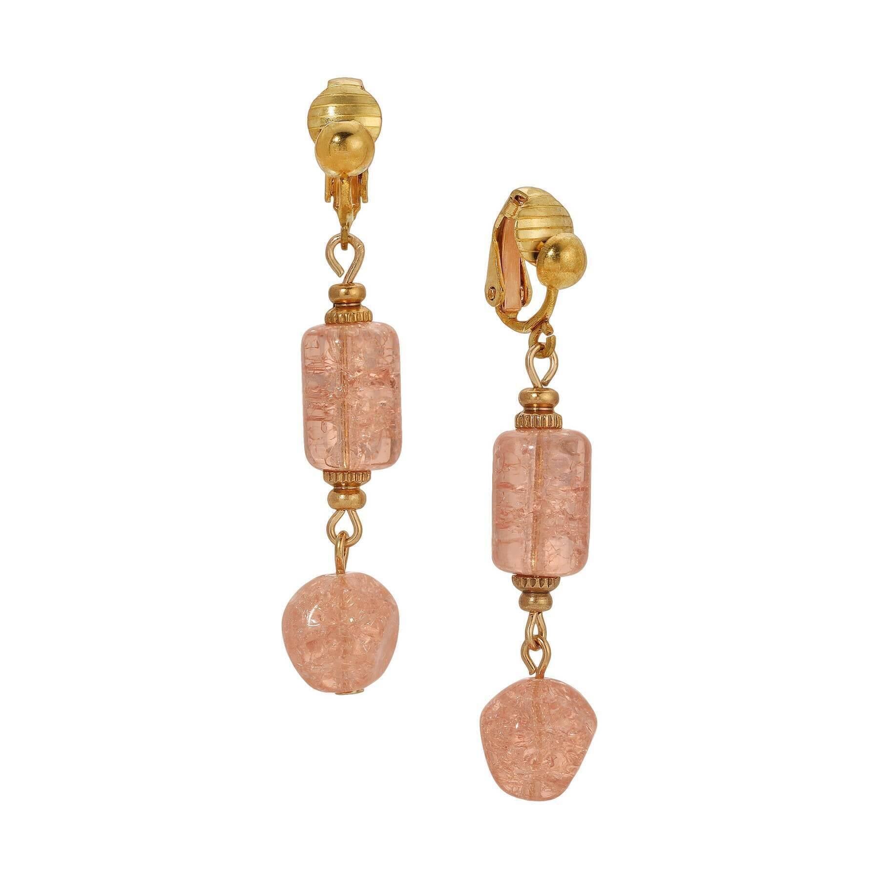 1928 Jewelry Beaded Peach Cracked Glass Clip On Earrings
