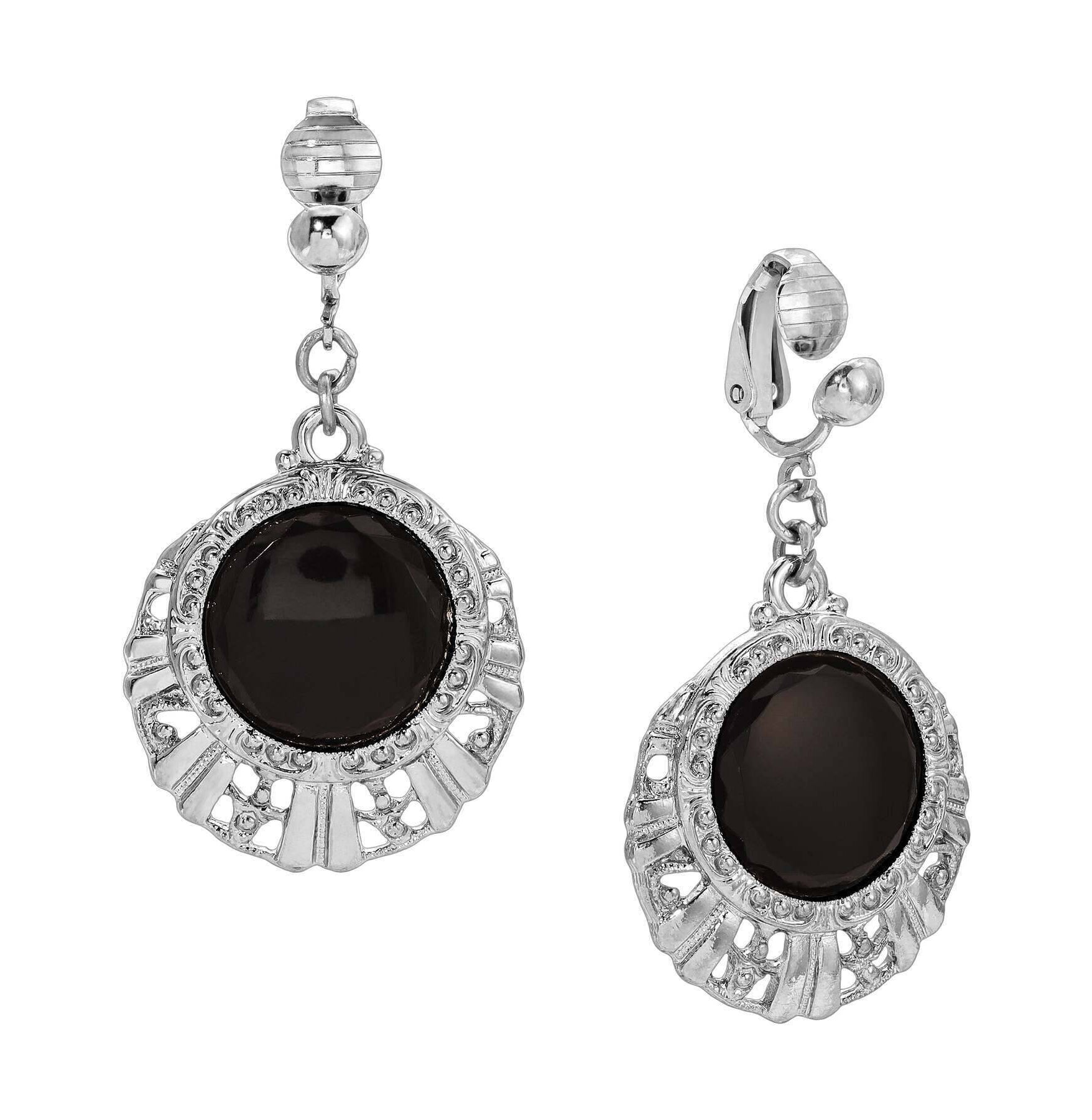 1928 Jewelry Black Round Stone Textured Clip On Earrings