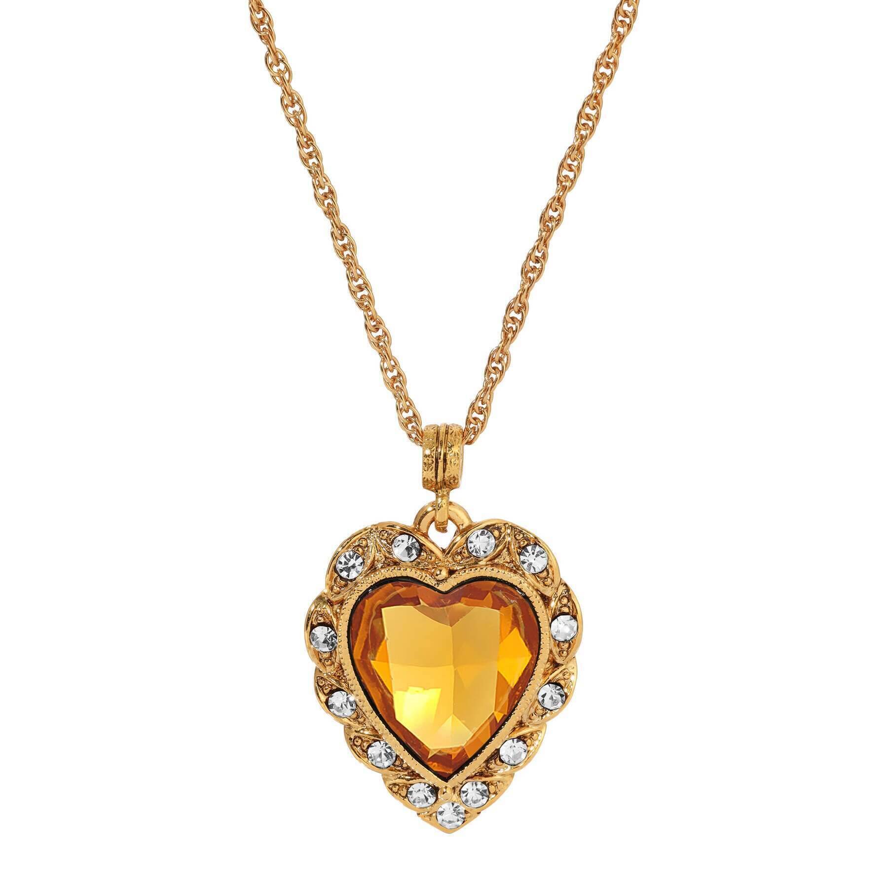 1928 Jewelry Crystal Heart & Stone Pendant Necklace 16"