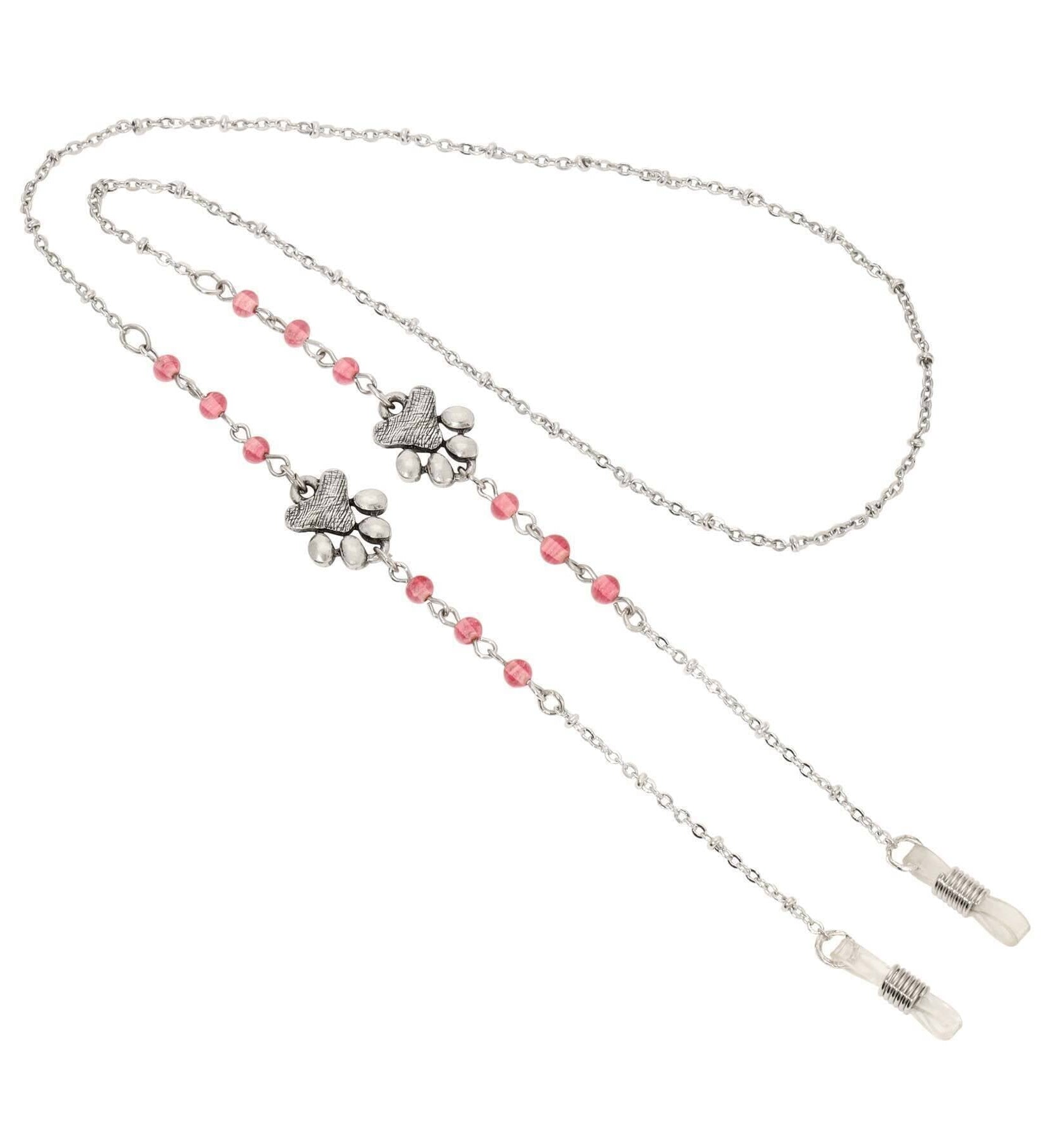 1928 Jewelry Dog Paws & Rose Pink Beads Eyeglass Holder Necklace 26"