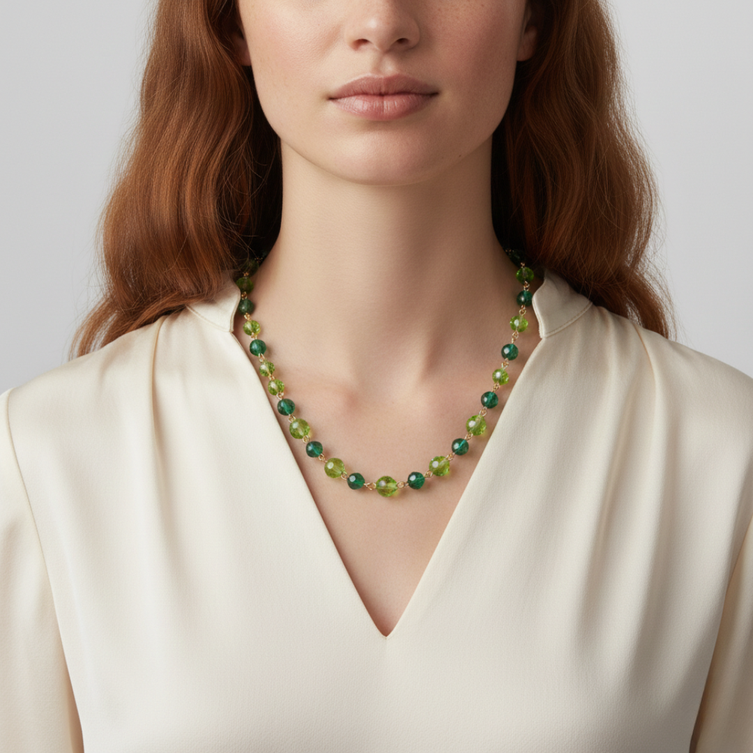 Woman wearing a green beaded necklace against a neutral background