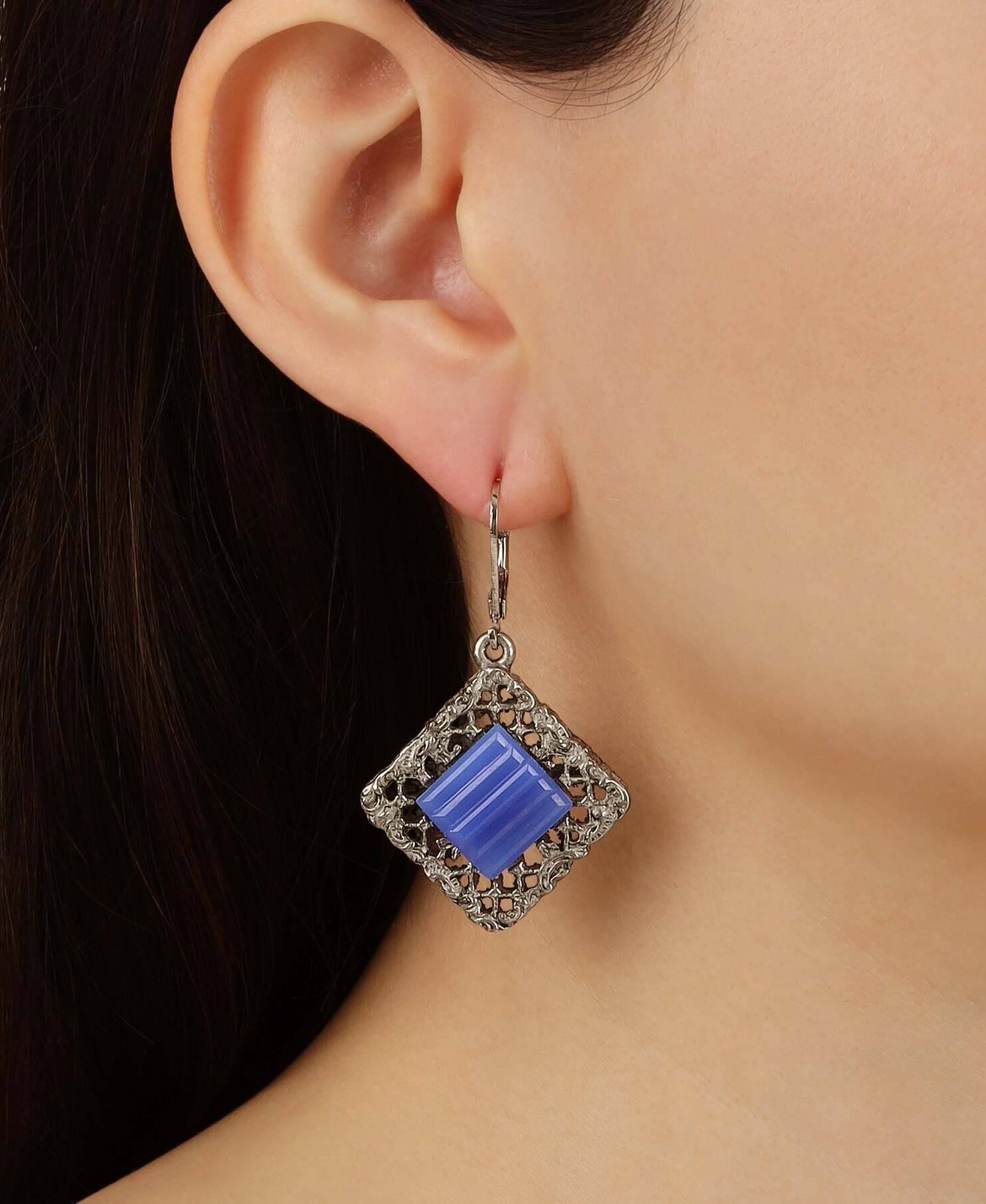 1928 Jewelry Belladonna Textured Ridged Glass Stone Filigree Drop Earrings
